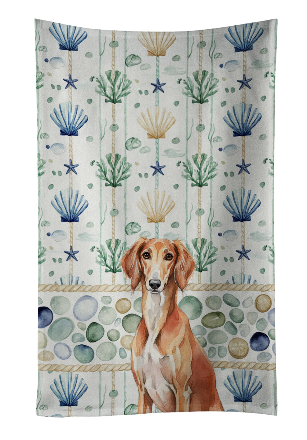 Red Saluki Coastal Sea Glass Kitchen Towel Velour Plush Front and Cotton Loop Back Machine Washable