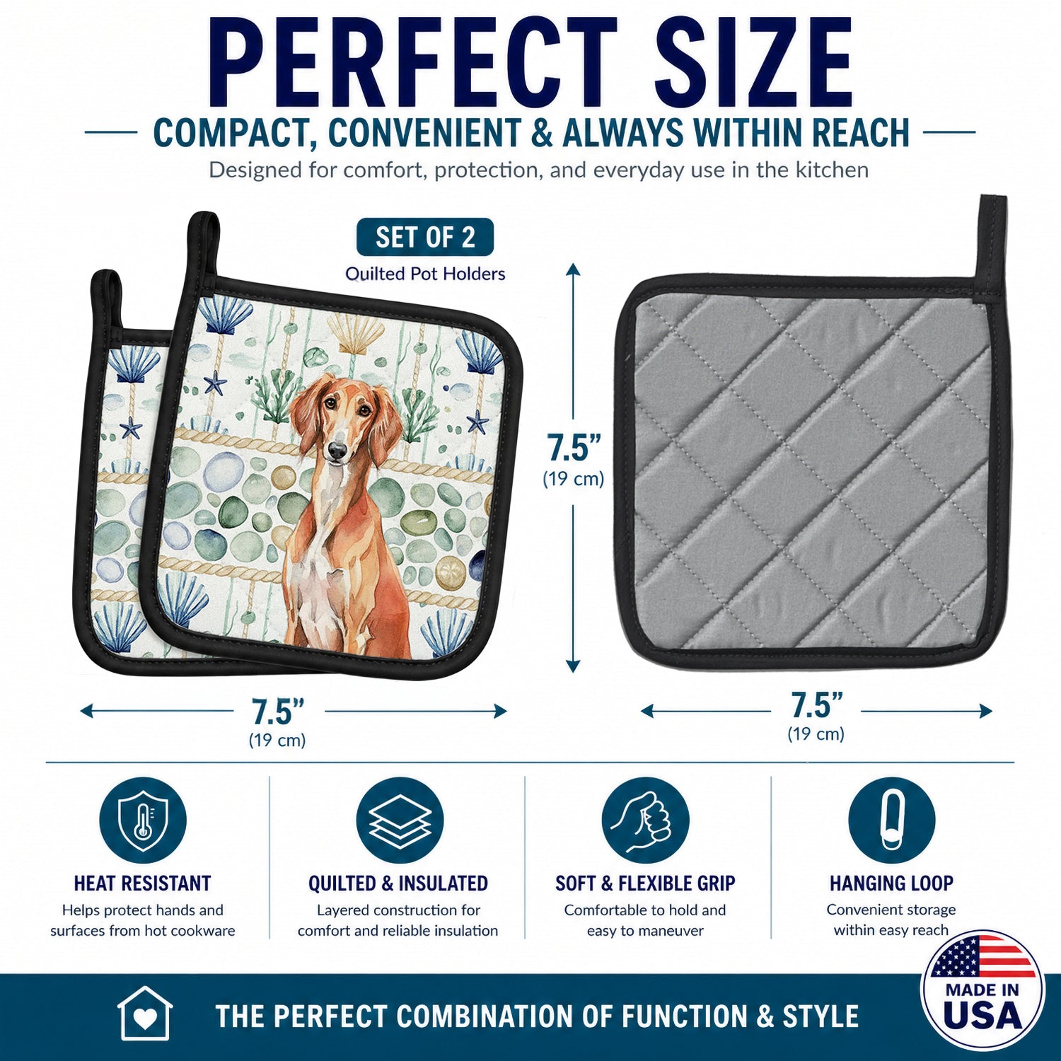 Red Saluki Coastal Sea Glass Pot Holder Set of 2 Heat Resistant Quilted Hot Pads 7.5 x 7.5 Inch, Insulated Kitchen Trivets for Cooking & Baking