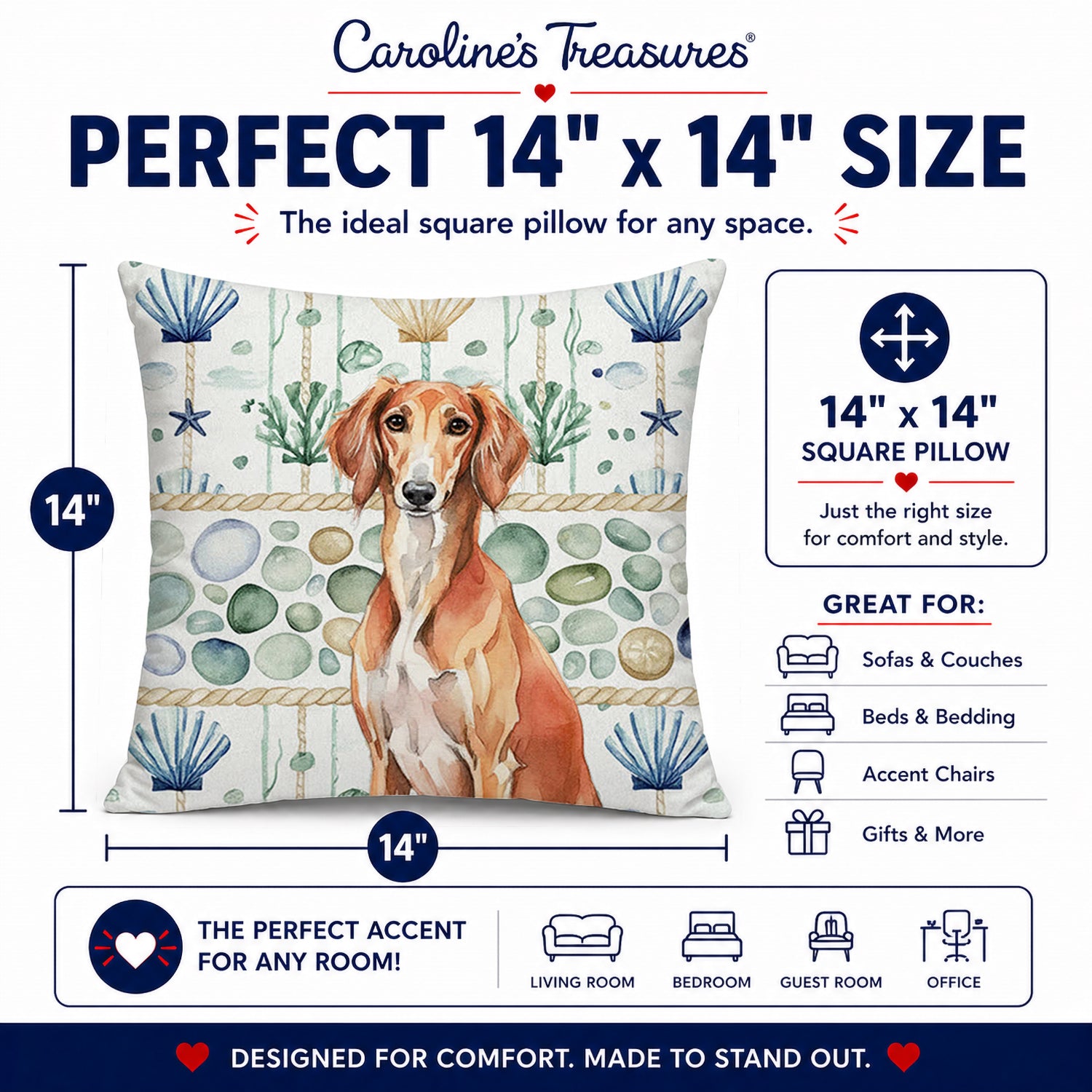 Red Saluki Coastal Sea Glass Decorative Throw Pillow 14x14 Indoor Outdoor Accent Cushion, Fabric Cover with Insert for Sofa, Bed, Porch & Living Room