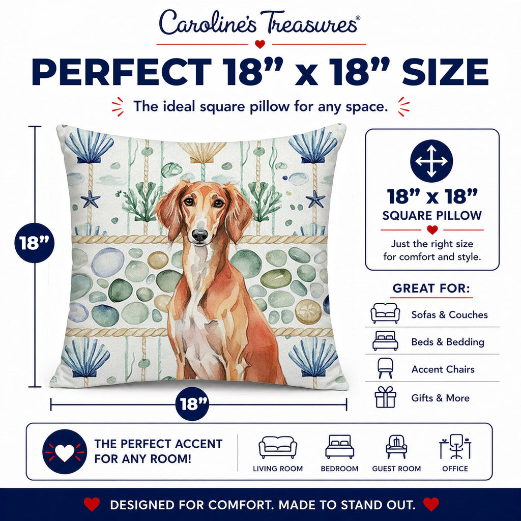 Red Saluki Coastal Sea Glass Decorative Throw Pillow 18x18 Indoor Outdoor Accent Cushion, Fabric Cover with Insert for Sofa, Bed, Porch & Living Room