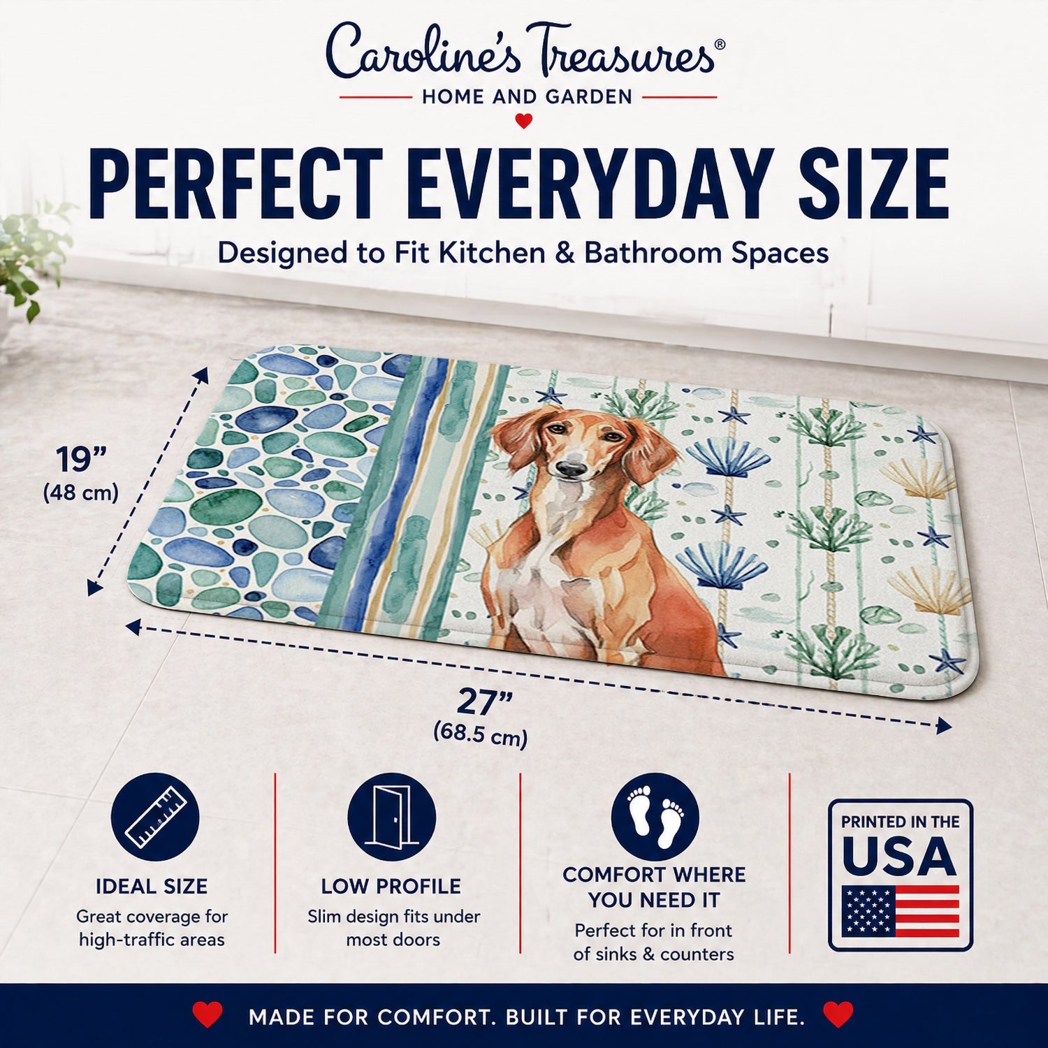Red Saluki Coastal Sea Glass Memory Foam Kitchen Mat Machine Washable Anti-Fatigue Cushion Comfort Bath or Kitchen Rug