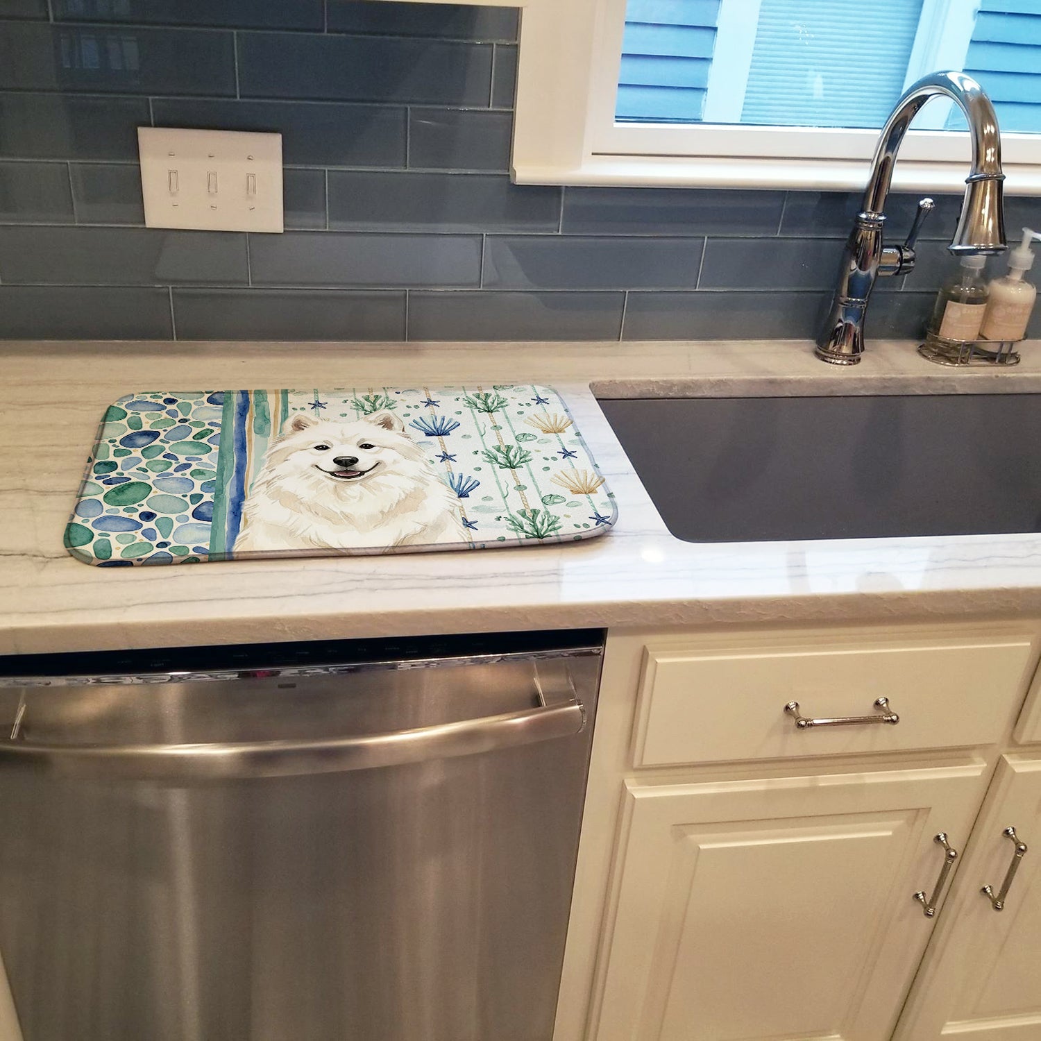 Cream Samoyed Coastal Sea Glass Dish Drying Mat Absorbent Dish Drying Mat Pad for Kitchen Counter Dish Drainer Mat for Countertop, 14 x 21", Multicolor