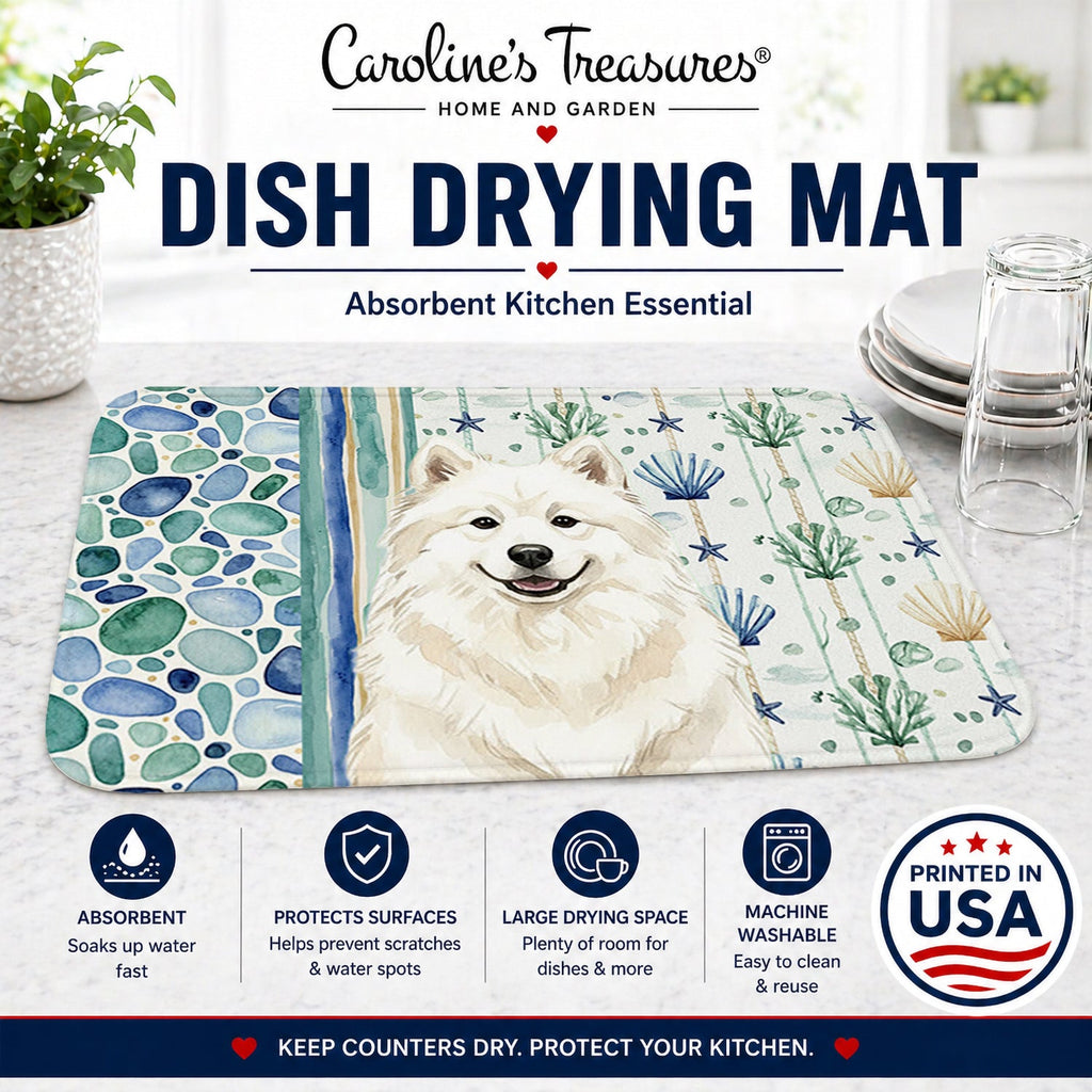 Cream Samoyed Coastal Sea Glass Dish Drying Mat Absorbent Dish Drying Mat Pad for Kitchen Counter Dish Drainer Mat for Countertop, 14 x 21", Multicolor