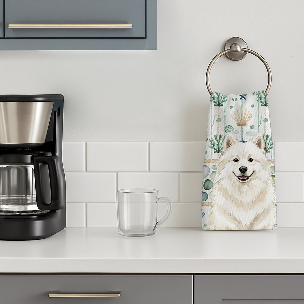Cream Samoyed Coastal Sea Glass Kitchen Towel Velour Plush Front and Cotton Loop Back Machine Washable