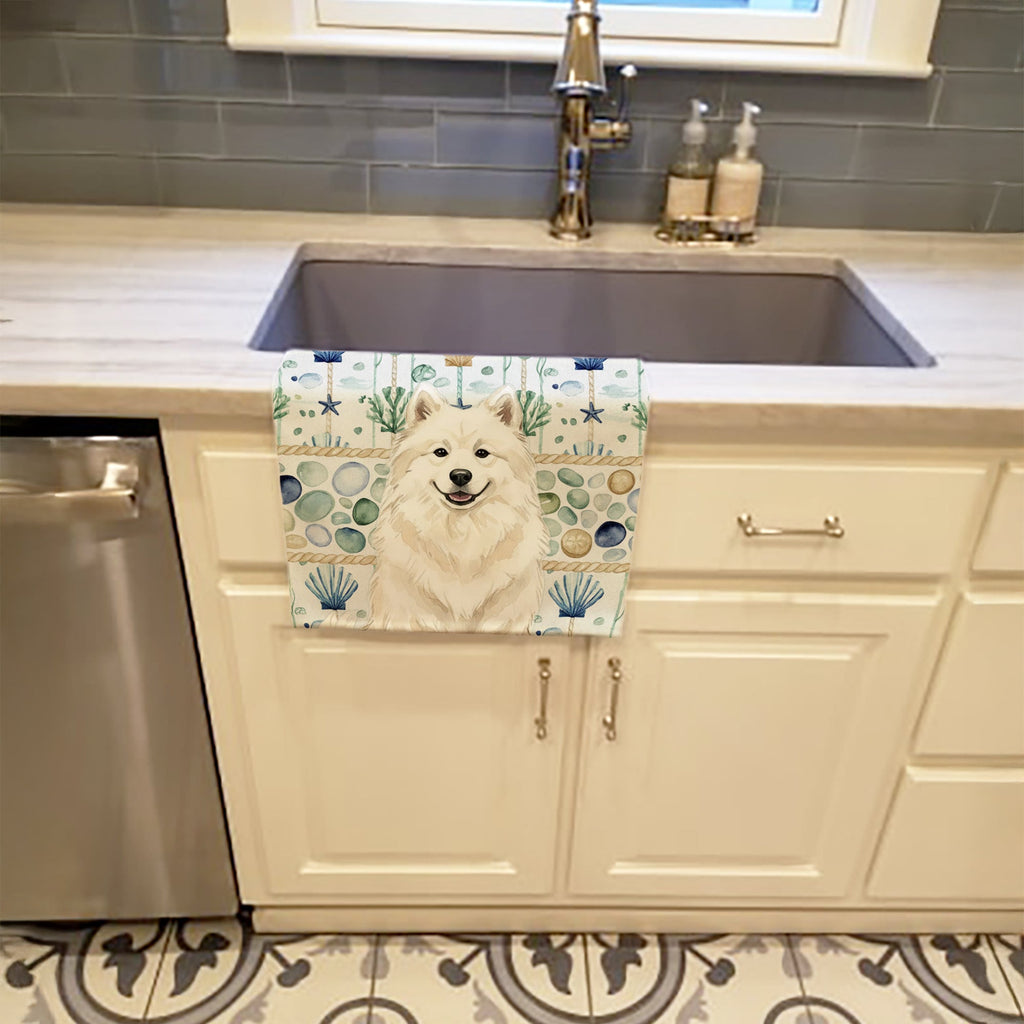 Cream Samoyed Coastal Sea Glass Kitchen Towel Velour Plush Front and Cotton Loop Back Machine Washable