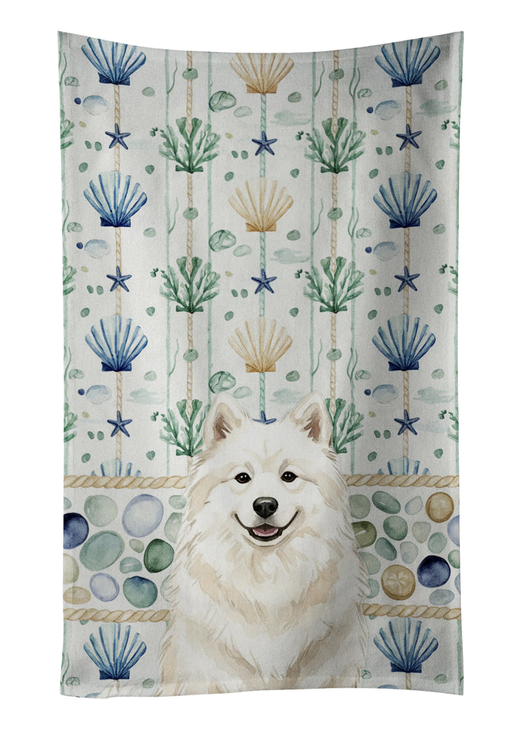 Cream Samoyed Coastal Sea Glass Kitchen Towel Velour Plush Front and Cotton Loop Back Machine Washable