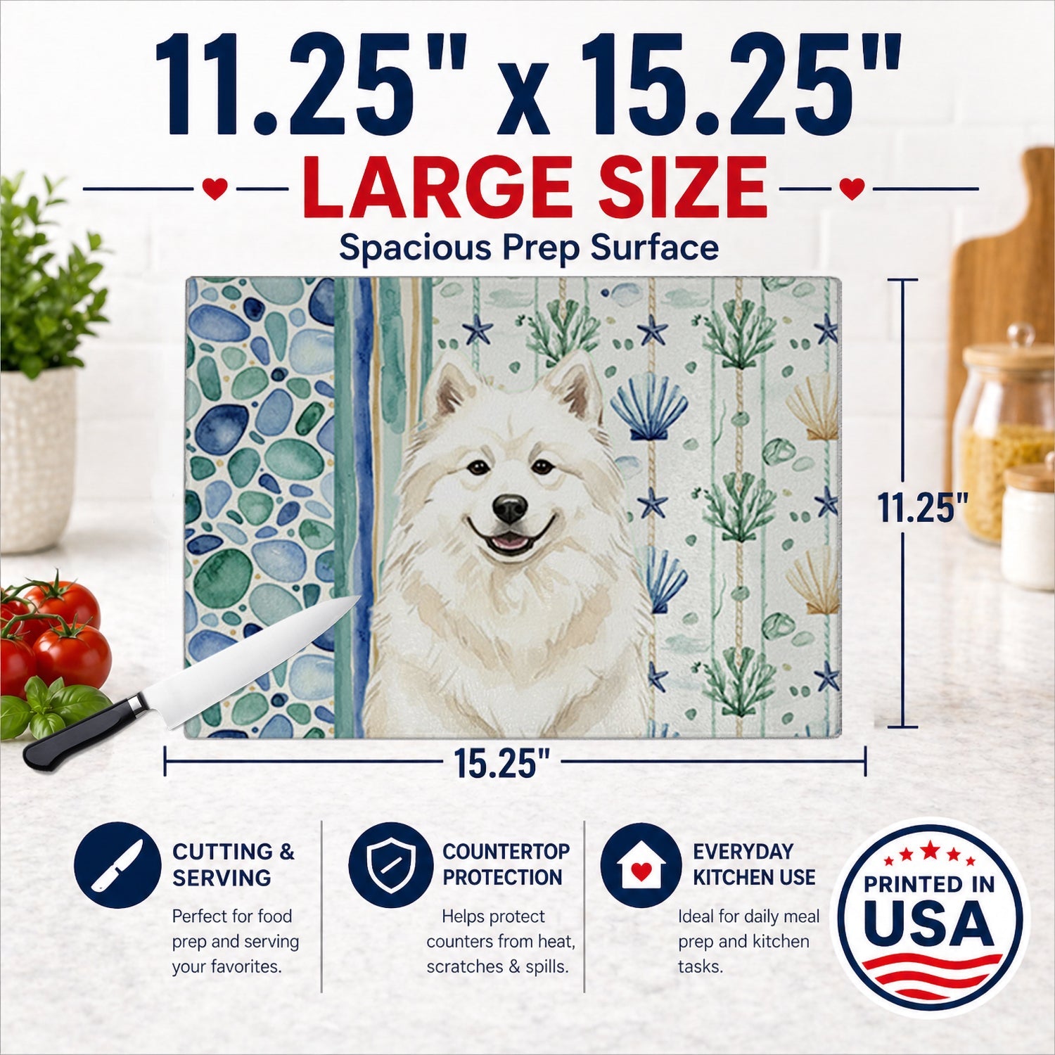 Cream Samoyed Coastal Sea Glass Cutting Board Tempered Glass Kitchen Cutting Surface, Heat Resistant Chopping, Non-Slip Feet, Food Prep & Serving