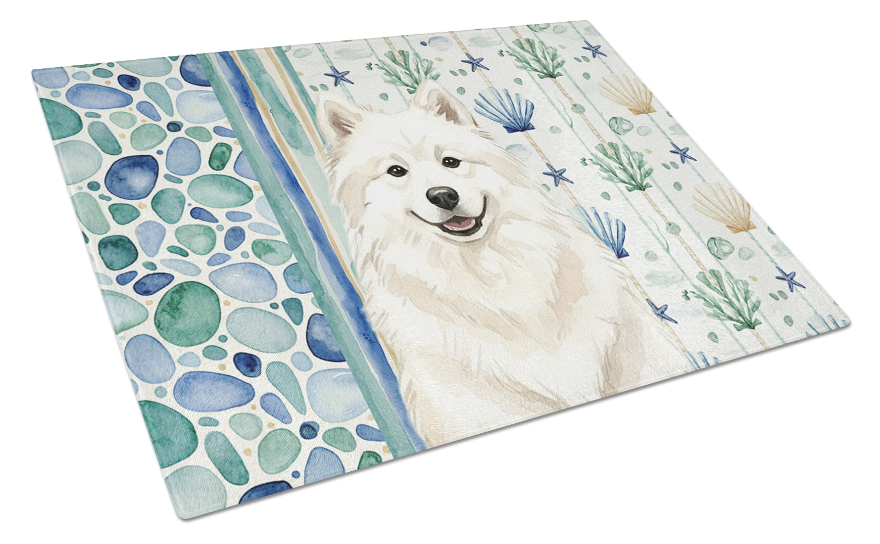 Cream Samoyed Coastal Sea Glass Cutting Board Tempered Glass Kitchen Cutting Surface, Heat Resistant Chopping, Non-Slip Feet, Food Prep & Serving