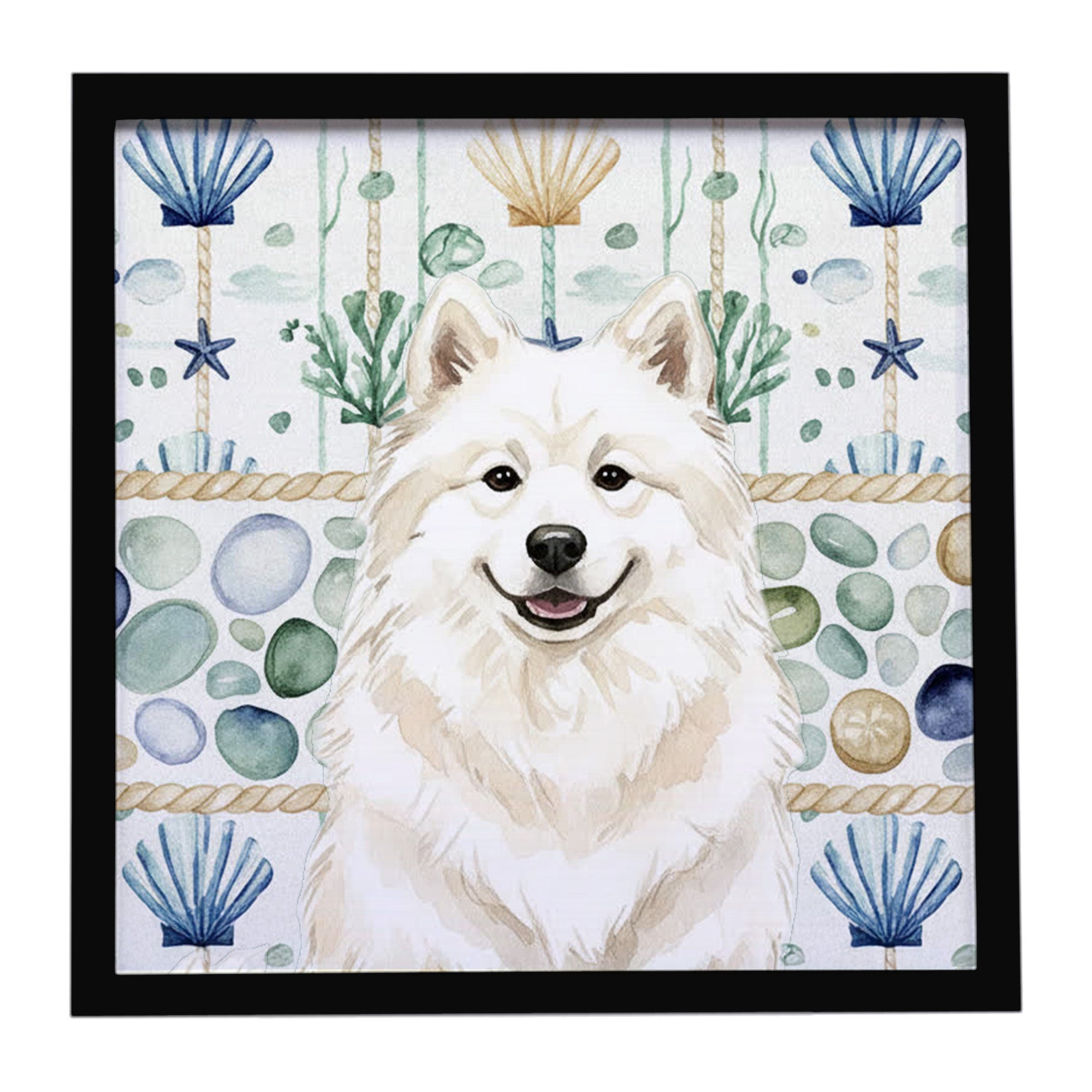 Cream Samoyed Coastal Sea Glass Framed Metal Print Bathroom, Kitchen, Office, Home Decor Wall Art Ready to Hang, Square, 8X8