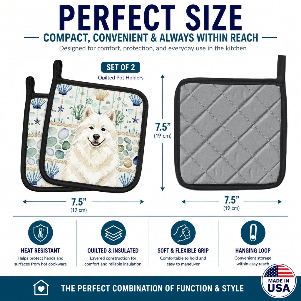 Cream Samoyed Coastal Sea Glass Pot Holder Set of 2 Heat Resistant Quilted Hot Pads 7.5 x 7.5 Inch, Insulated Kitchen Trivets for Cooking & Baking