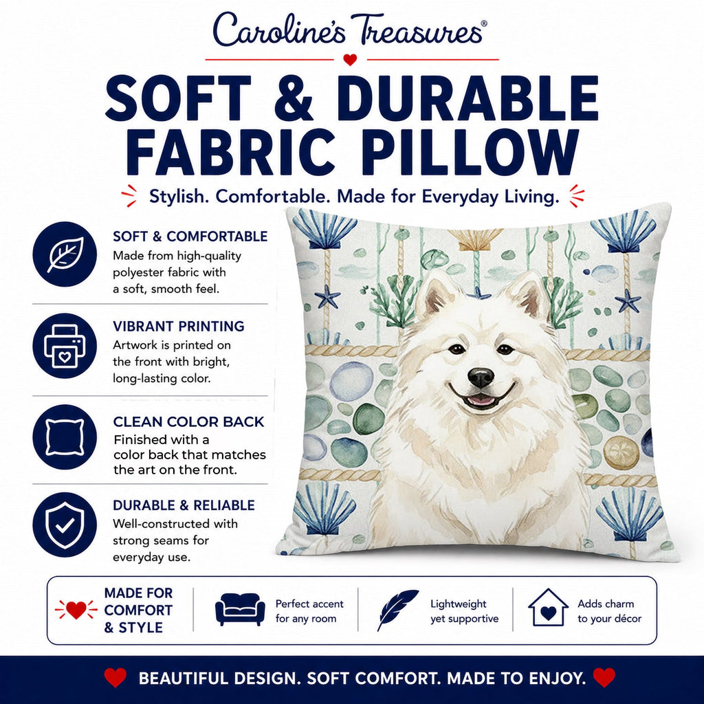 Cream Samoyed Coastal Sea Glass Decorative Throw Pillow 14x14 Indoor Outdoor Accent Cushion, Fabric Cover with Insert for Sofa, Bed, Porch & Living Room