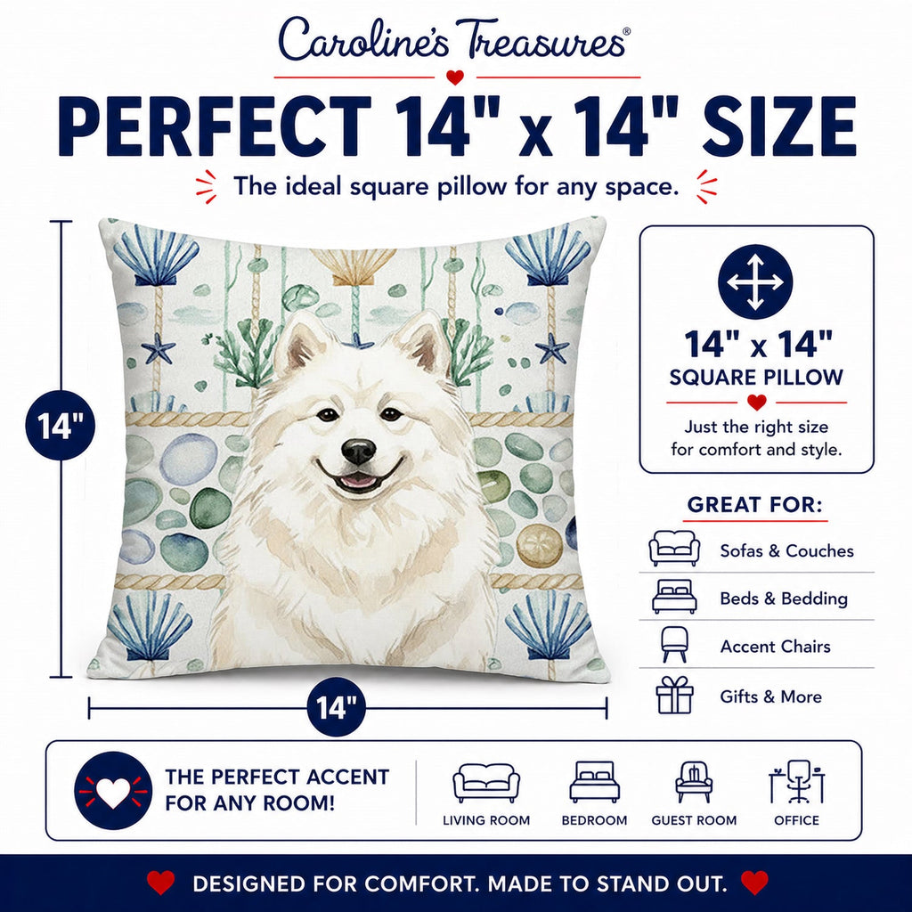 Cream Samoyed Coastal Sea Glass Decorative Throw Pillow 14x14 Indoor Outdoor Accent Cushion, Fabric Cover with Insert for Sofa, Bed, Porch & Living Room