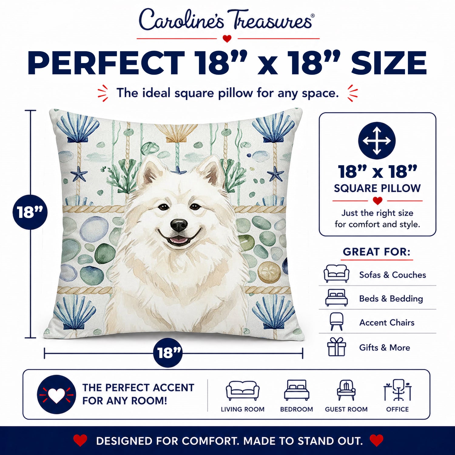 Cream Samoyed Coastal Sea Glass Decorative Throw Pillow 18x18 Indoor Outdoor Accent Cushion, Fabric Cover with Insert for Sofa, Bed, Porch & Living Room