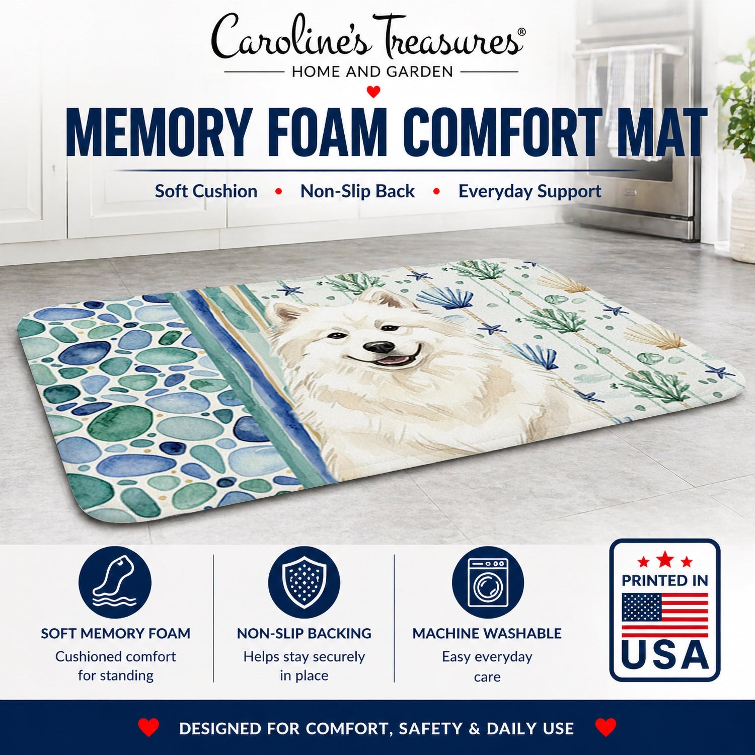 Cream Samoyed Coastal Sea Glass Memory Foam Kitchen Mat Machine Washable Anti-Fatigue Cushion Comfort Bath or Kitchen Rug