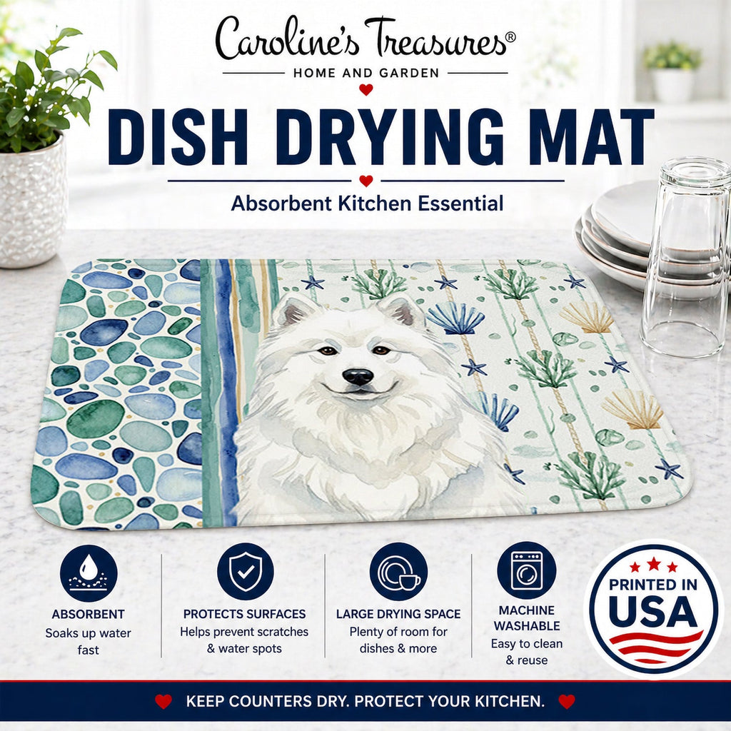White Samoyed Coastal Sea Glass Dish Drying Mat Absorbent Dish Drying Mat Pad for Kitchen Counter Dish Drainer Mat for Countertop, 14 x 21", Multicolor