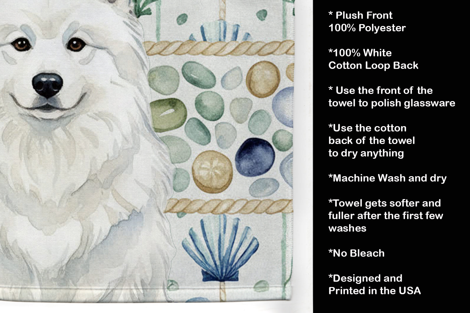 White Samoyed Coastal Sea Glass Kitchen Towel Velour Plush Front and Cotton Loop Back Machine Washable