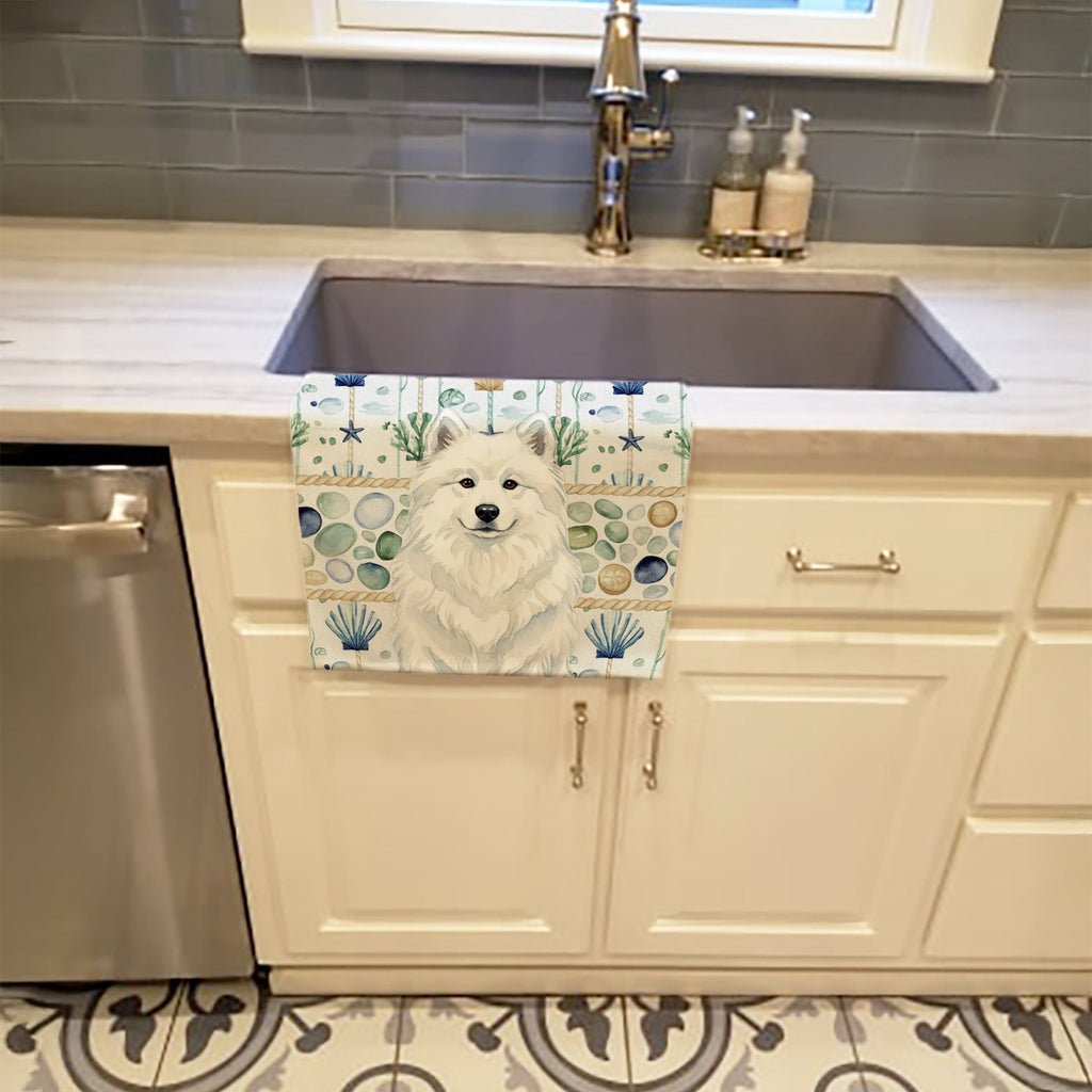 White Samoyed Coastal Sea Glass Kitchen Towel Velour Plush Front and Cotton Loop Back Machine Washable
