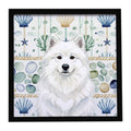 White Samoyed Coastal Sea Glass Framed Metal Print Bathroom, Kitchen, Office, Home Decor Wall Art Ready to Hang, Square, 8X8