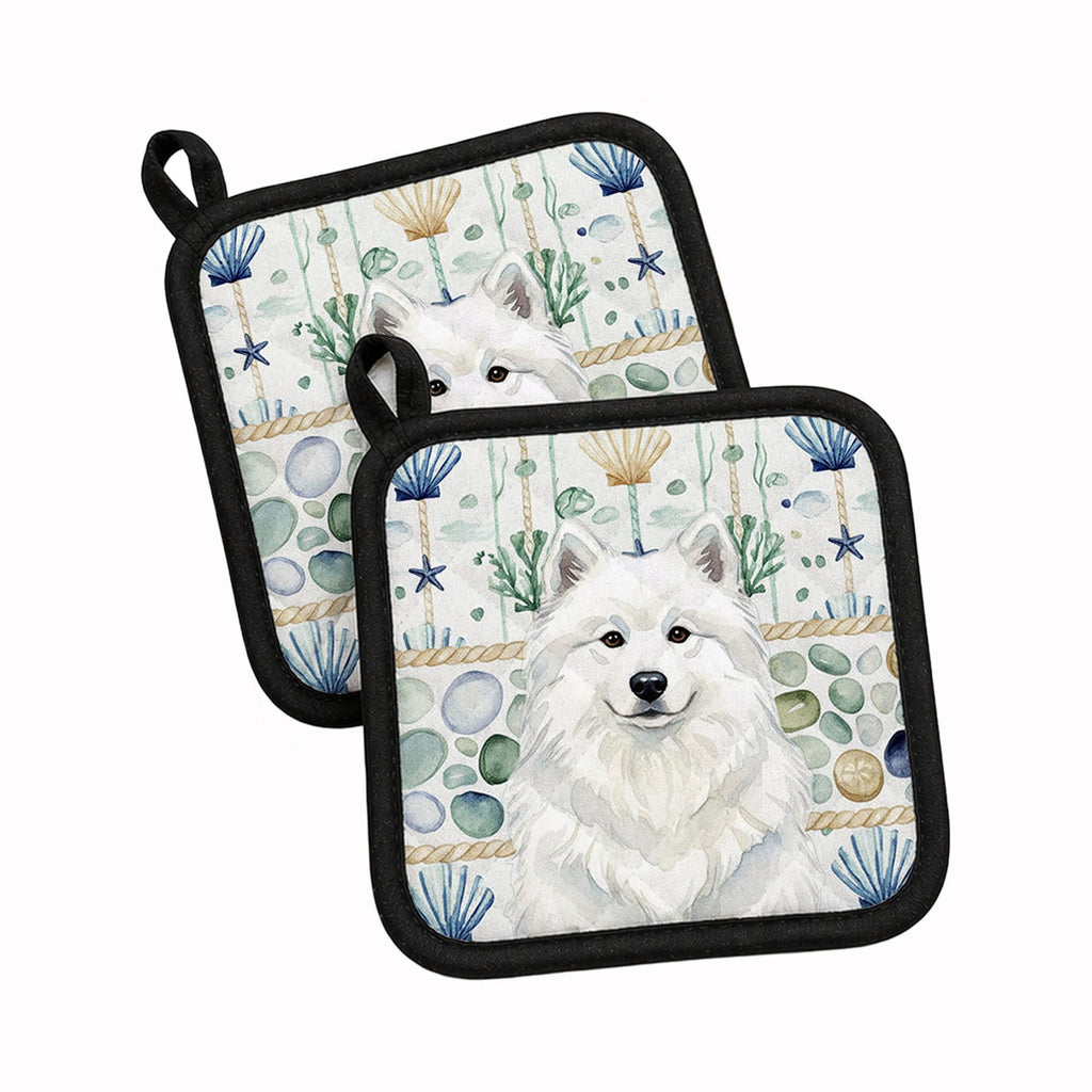 White Samoyed Coastal Sea Glass Pot Holder Set of 2 Heat Resistant Quilted Hot Pads 7.5 x 7.5 Inch, Insulated Kitchen Trivets for Cooking & Baking