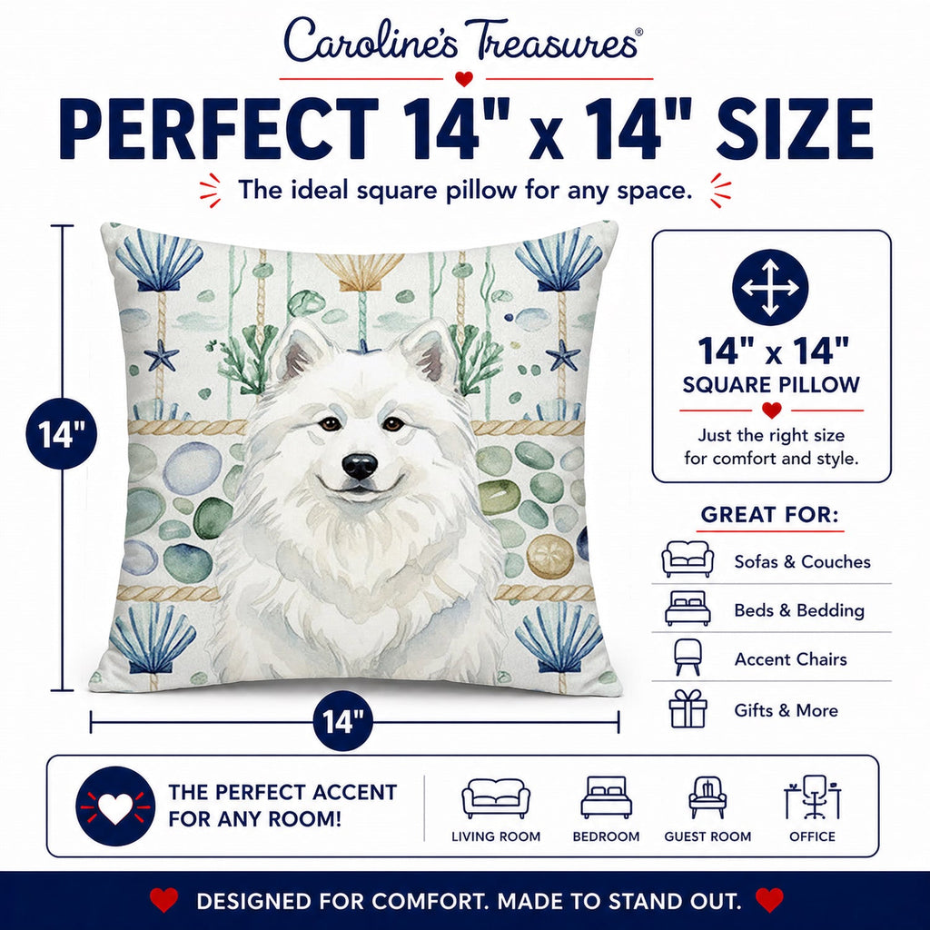 White Samoyed Coastal Sea Glass Decorative Throw Pillow 14x14 Indoor Outdoor Accent Cushion, Fabric Cover with Insert for Sofa, Bed, Porch & Living Room