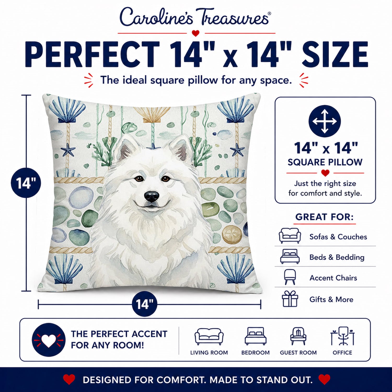 White Samoyed Coastal Sea Glass Decorative Throw Pillow 14x14 Indoor Outdoor Accent Cushion, Fabric Cover with Insert for Sofa, Bed, Porch & Living Room