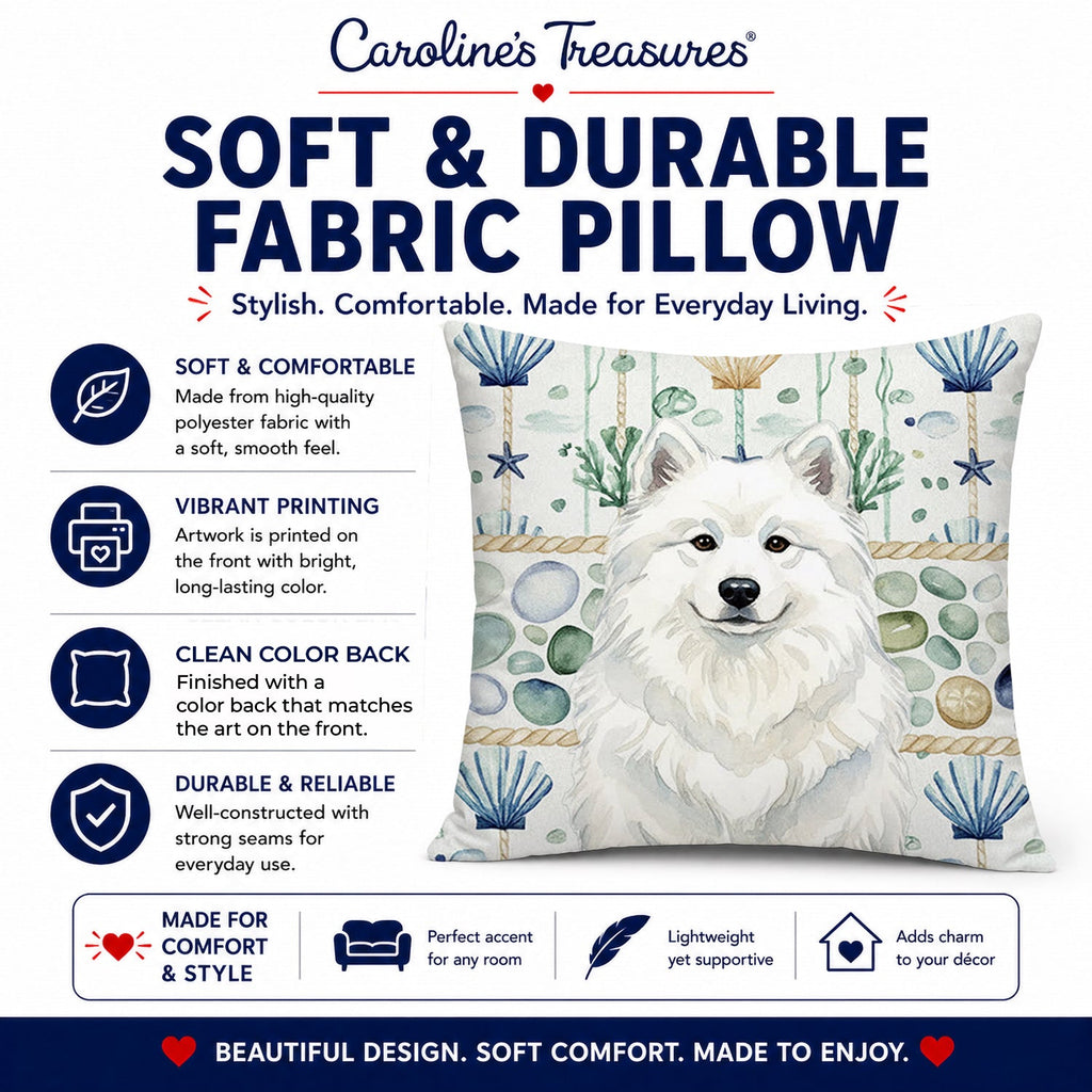 White Samoyed Coastal Sea Glass Decorative Throw Pillow 18x18 Indoor Outdoor Accent Cushion, Fabric Cover with Insert for Sofa, Bed, Porch & Living Room