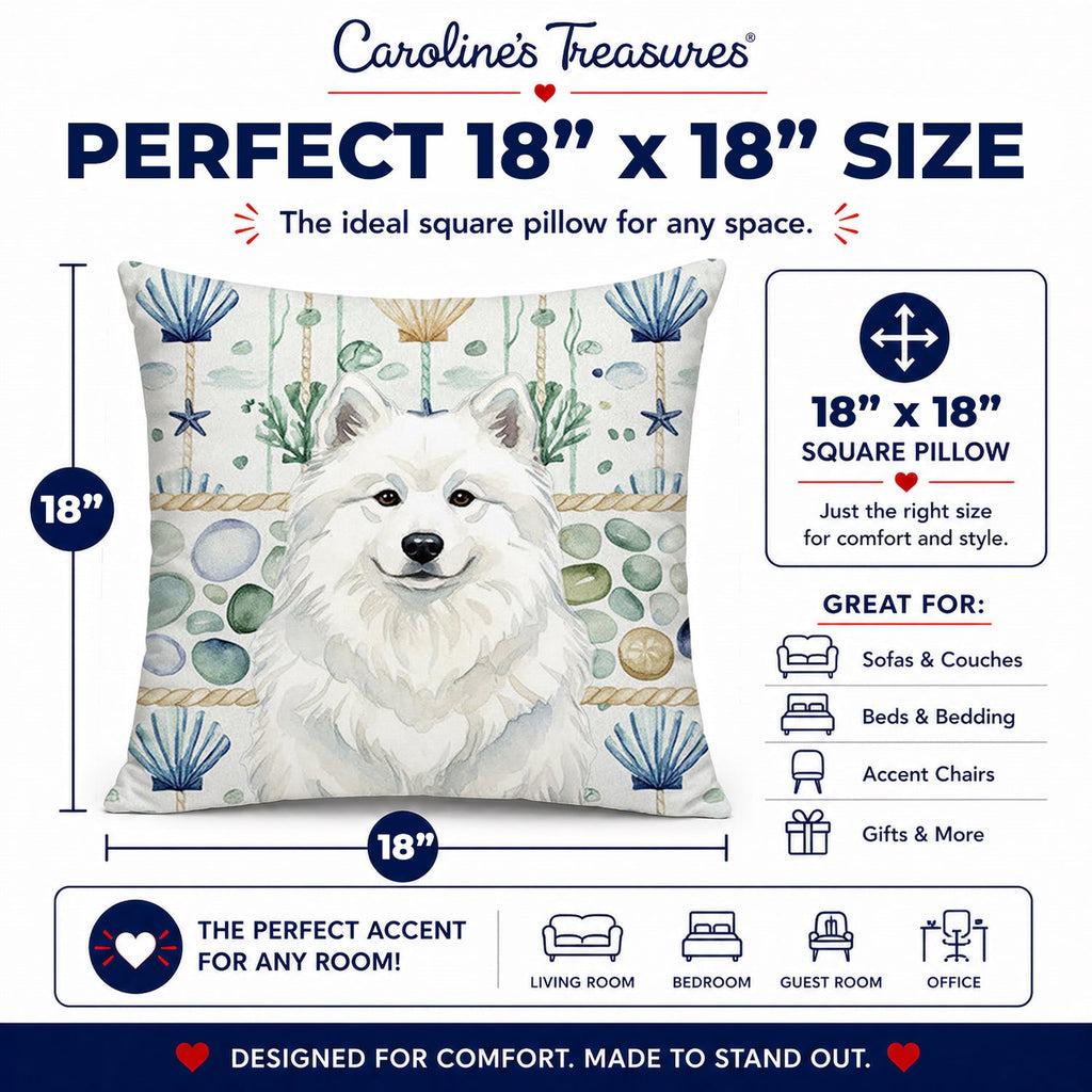 White Samoyed Coastal Sea Glass Decorative Throw Pillow 18x18 Indoor Outdoor Accent Cushion, Fabric Cover with Insert for Sofa, Bed, Porch & Living Room