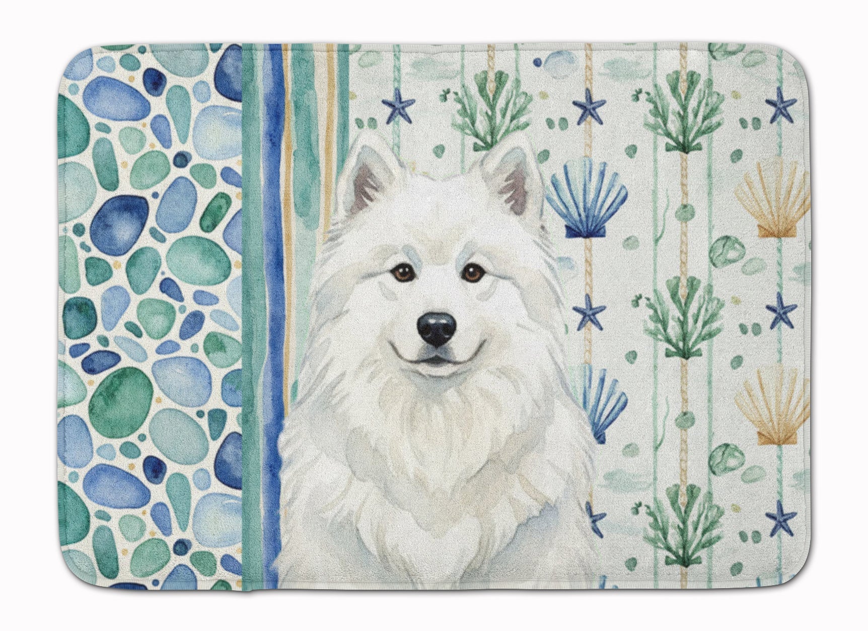 White Samoyed Coastal Sea Glass Memory Foam Kitchen Mat Machine Washable Anti-Fatigue Cushion Comfort Bath or Kitchen Rug