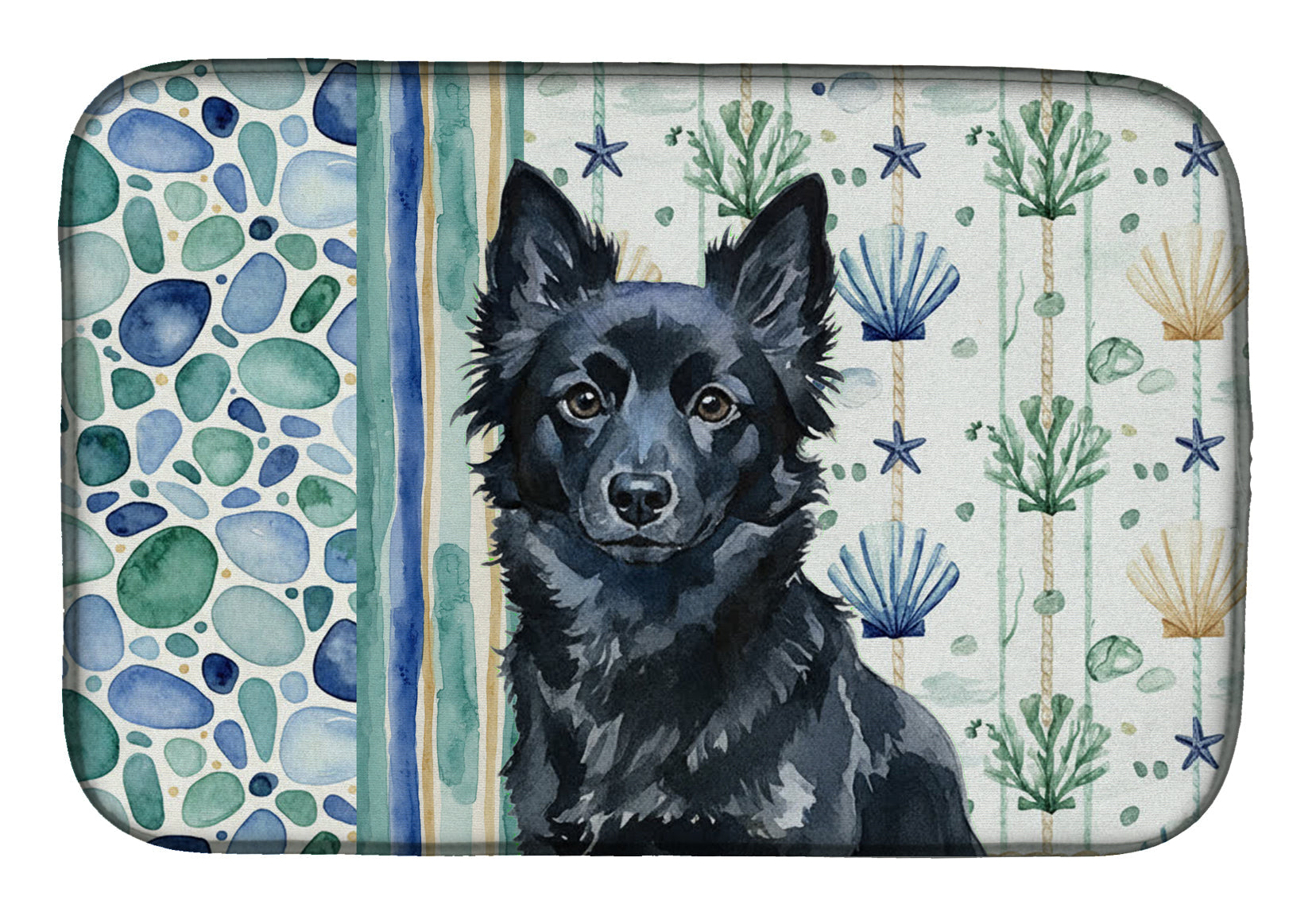 Schipperke Coastal Sea Glass Dish Drying Mat Absorbent Dish Drying Mat Pad for Kitchen Counter Dish Drainer Mat for Countertop, 14 x 21", Multicolor