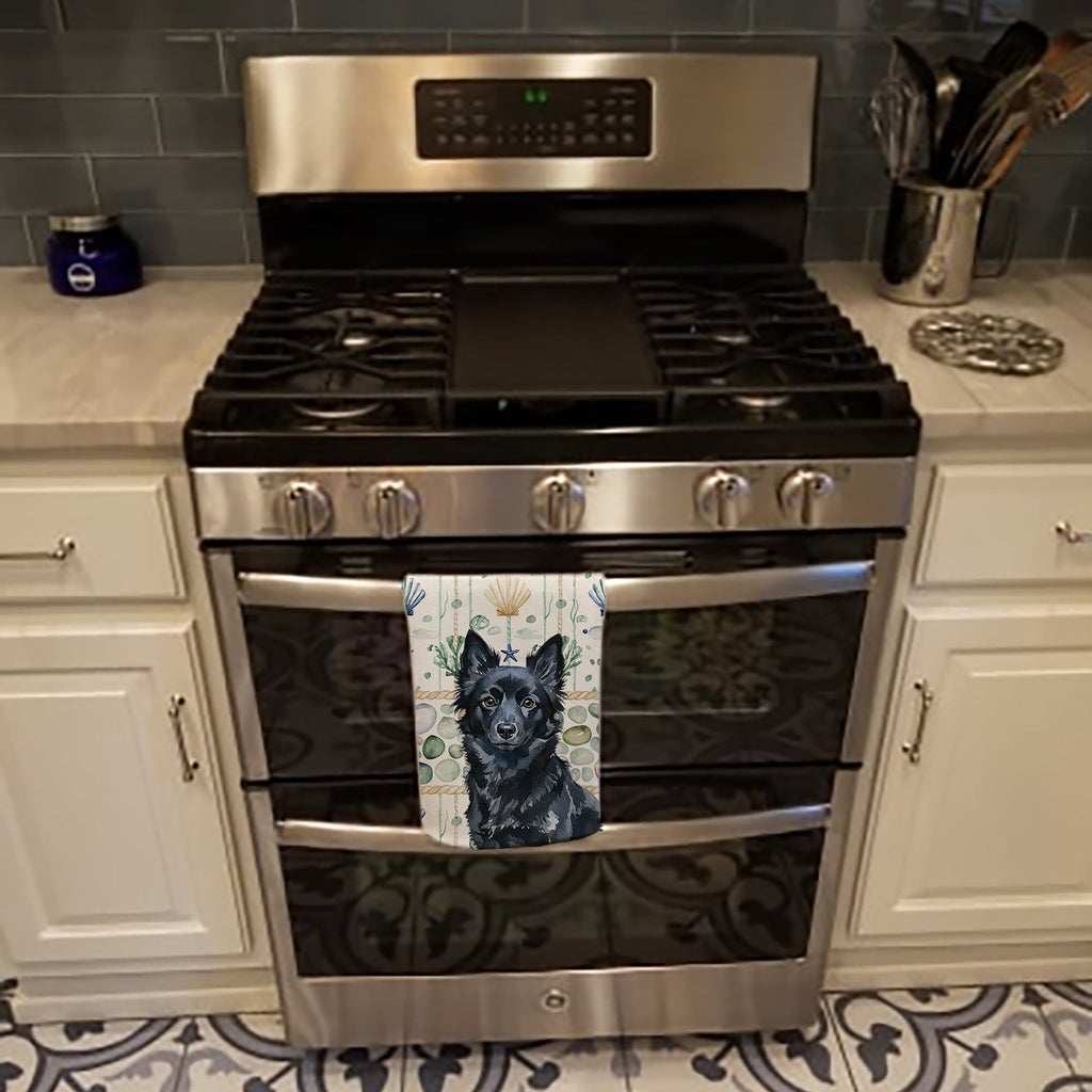 Schipperke Coastal Sea Glass Kitchen Towel Velour Plush Front and Cotton Loop Back Machine Washable