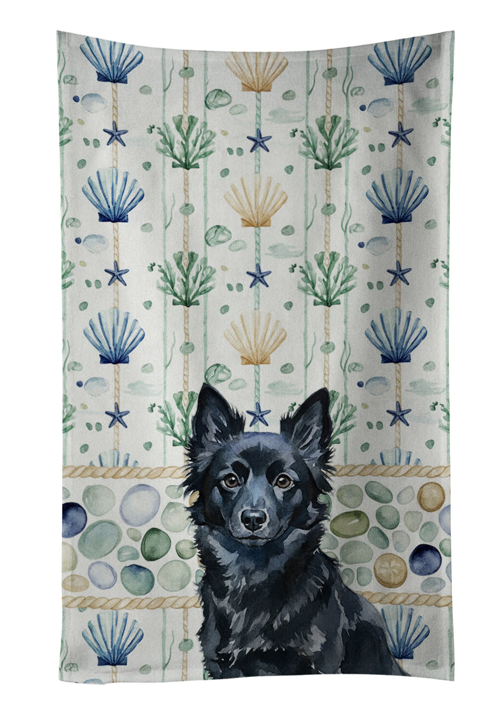 Schipperke Coastal Sea Glass Kitchen Towel Velour Plush Front and Cotton Loop Back Machine Washable