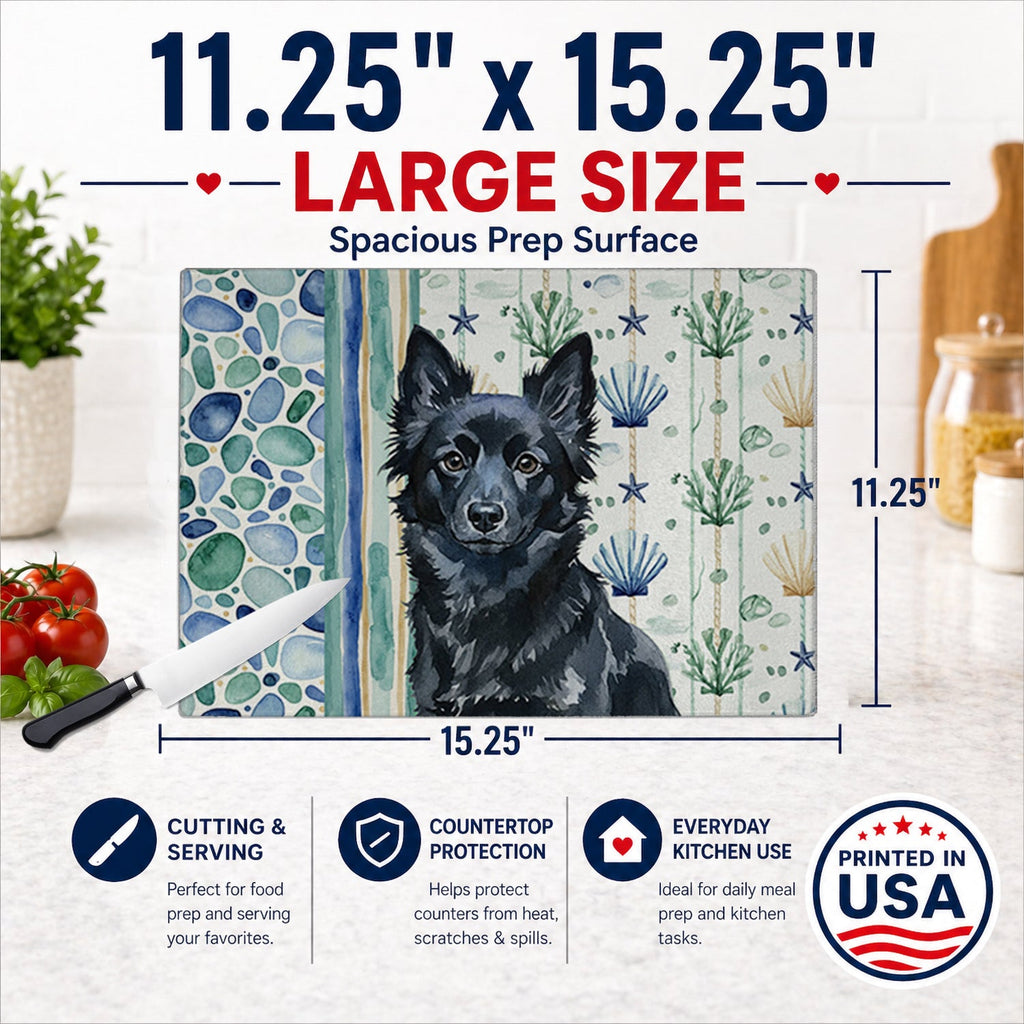 Schipperke Coastal Sea Glass Cutting Board Tempered Glass Kitchen Cutting Surface, Heat Resistant Chopping, Non-Slip Feet, Food Prep & Serving