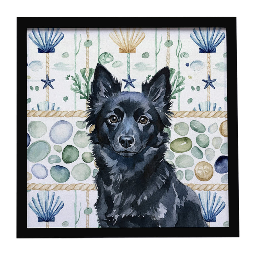 Schipperke Coastal Sea Glass Framed Metal Print Bathroom, Kitchen, Office, Home Decor Wall Art Ready to Hang, Square, 8X8
