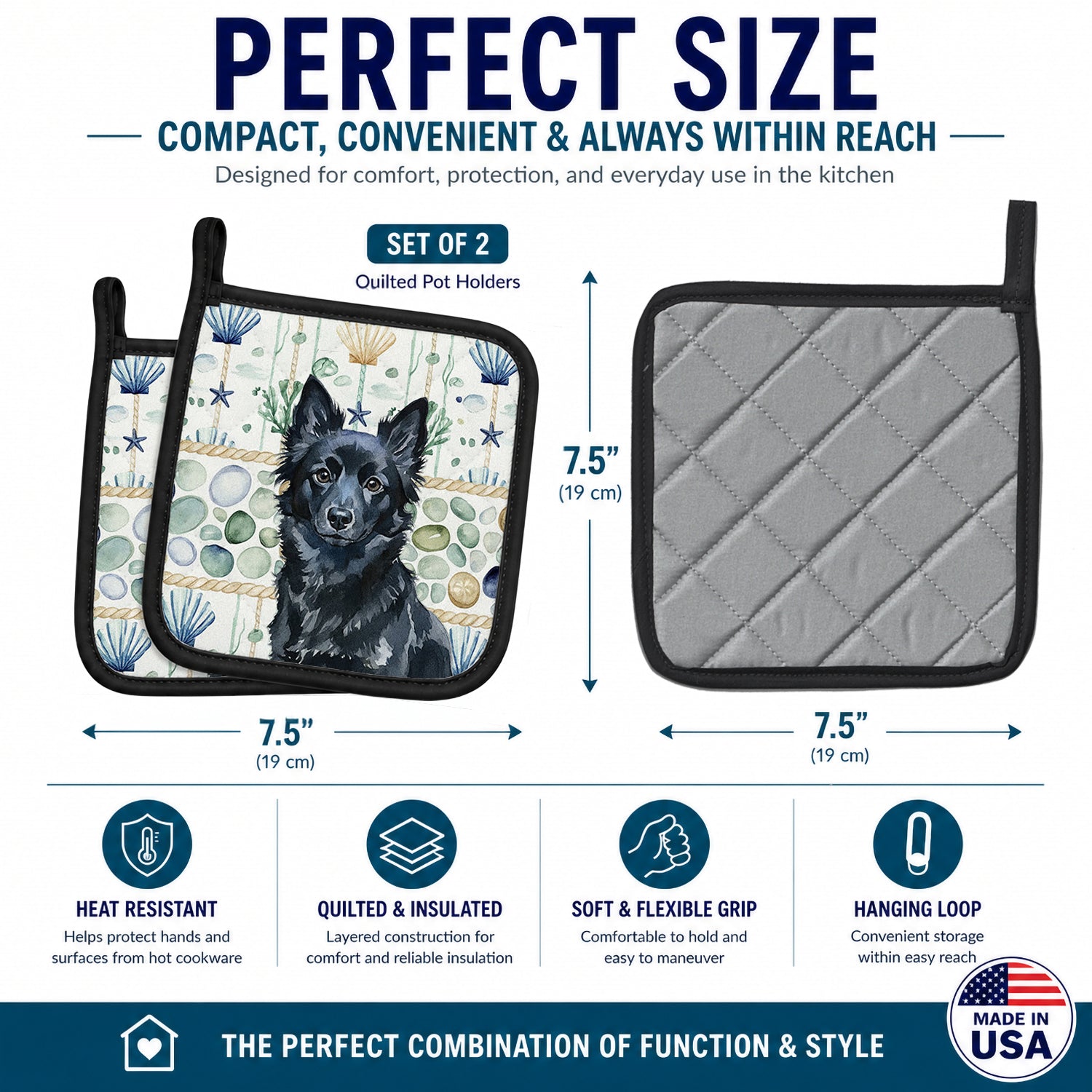 Schipperke Coastal Sea Glass Pot Holder Set of 2 Heat Resistant Quilted Hot Pads 7.5 x 7.5 Inch, Insulated Kitchen Trivets for Cooking & Baking