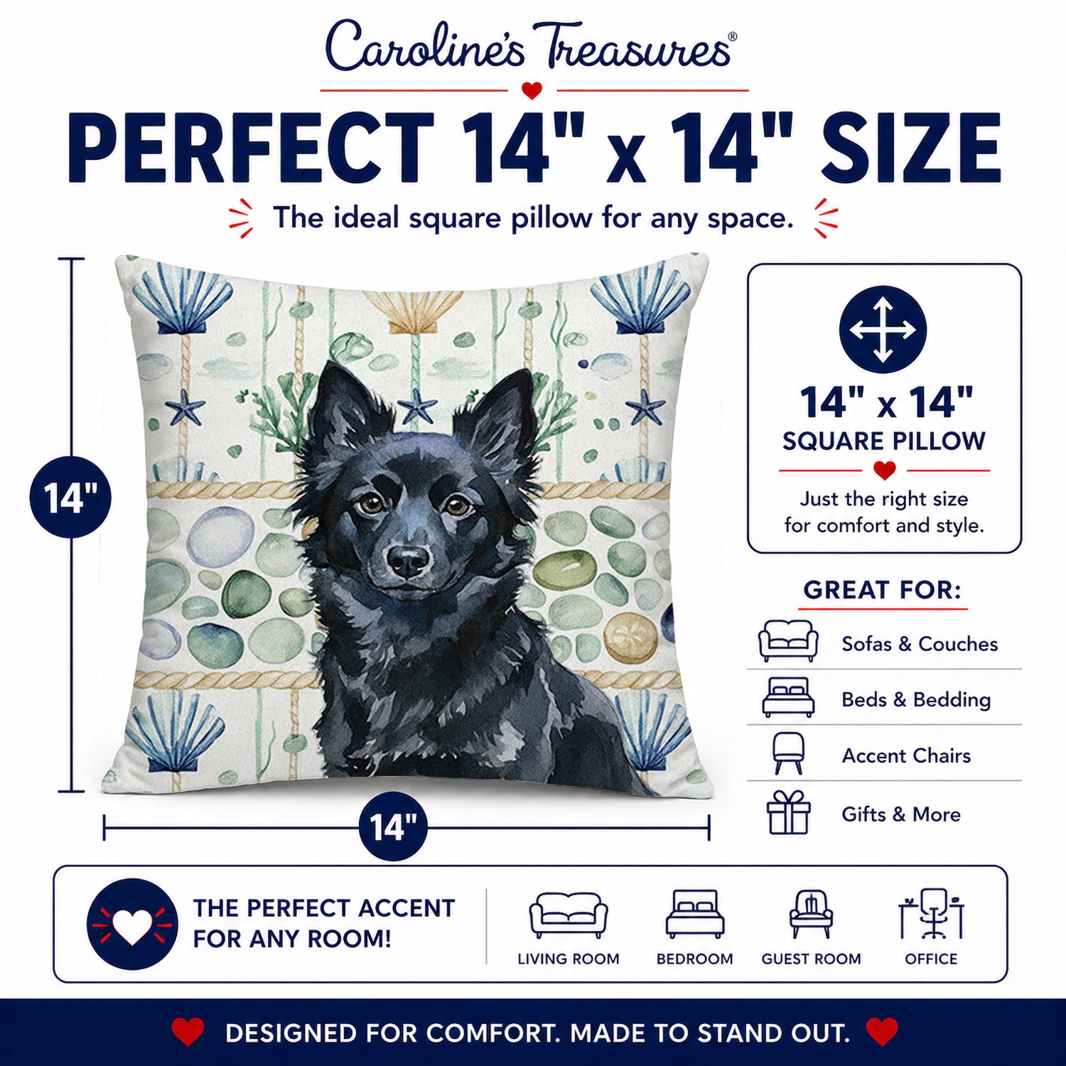 Schipperke Coastal Sea Glass Decorative Throw Pillow 14x14 Indoor Outdoor Accent Cushion, Fabric Cover with Insert for Sofa, Bed, Porch & Living Room