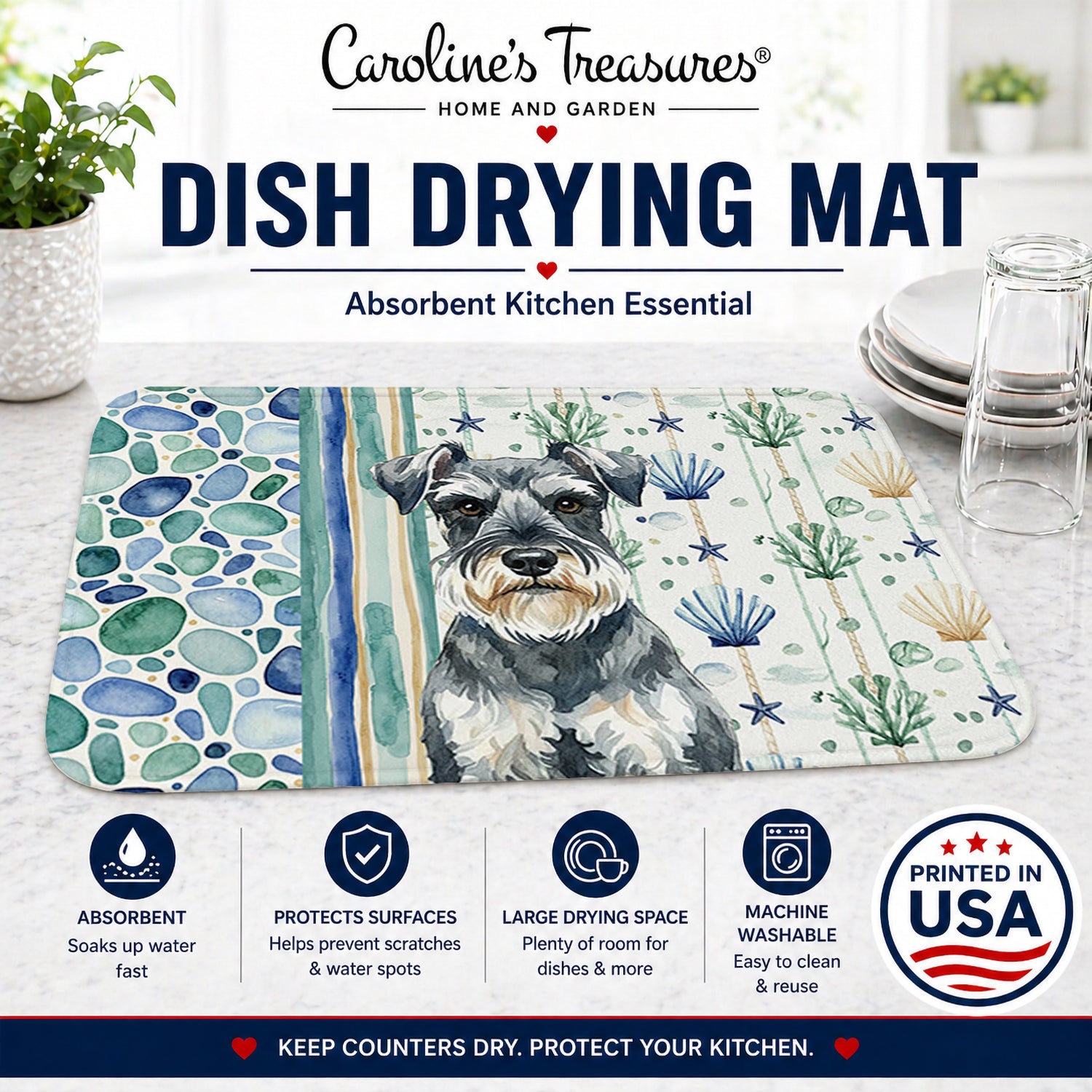 Schnauzer Coastal Sea Glass Dish Drying Mat Absorbent Dish Drying Mat Pad for Kitchen Counter Dish Drainer Mat for Countertop, 14 x 21", Multicolor