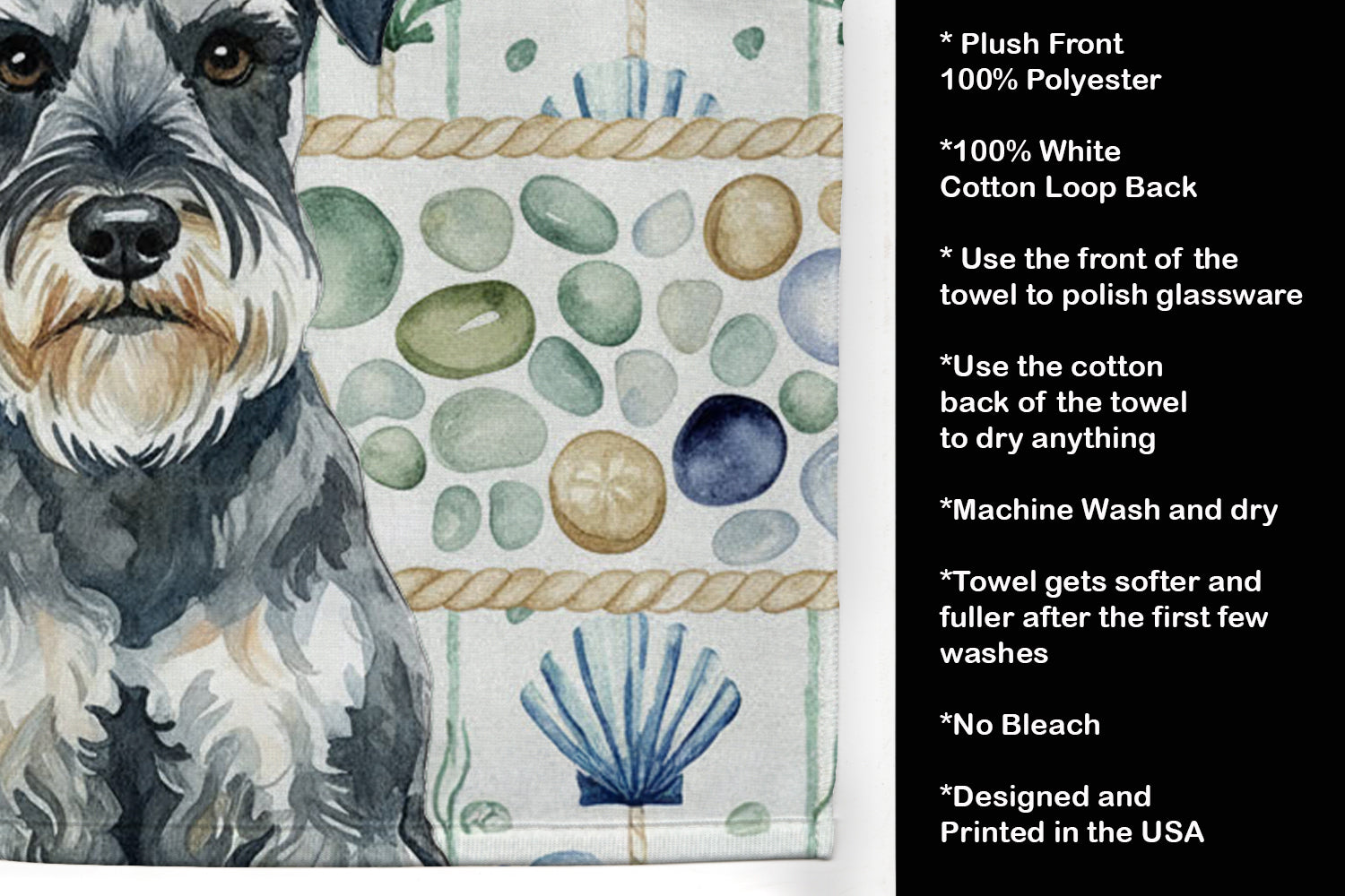Schnauzer Coastal Sea Glass Kitchen Towel Velour Plush Front and Cotton Loop Back Machine Washable