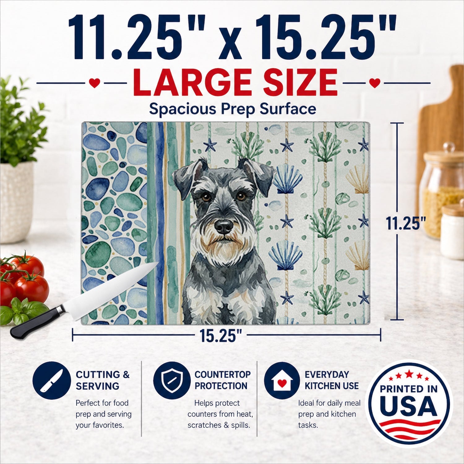 Schnauzer Coastal Sea Glass Cutting Board Tempered Glass Kitchen Cutting Surface, Heat Resistant Chopping, Non-Slip Feet, Food Prep & Serving
