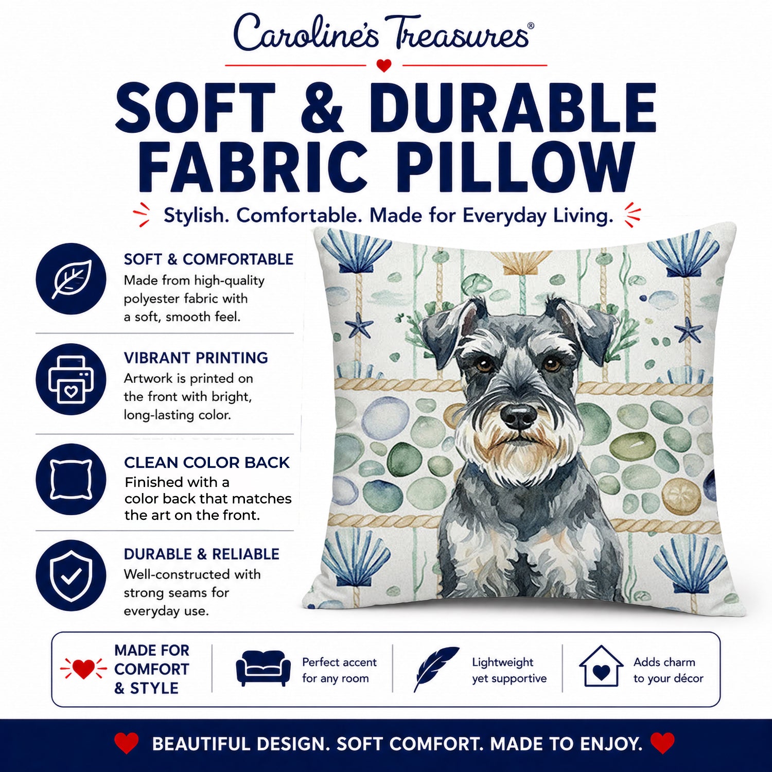 Schnauzer Coastal Sea Glass Decorative Throw Pillow 18x18 Indoor Outdoor Accent Cushion, Fabric Cover with Insert for Sofa, Bed, Porch & Living Room