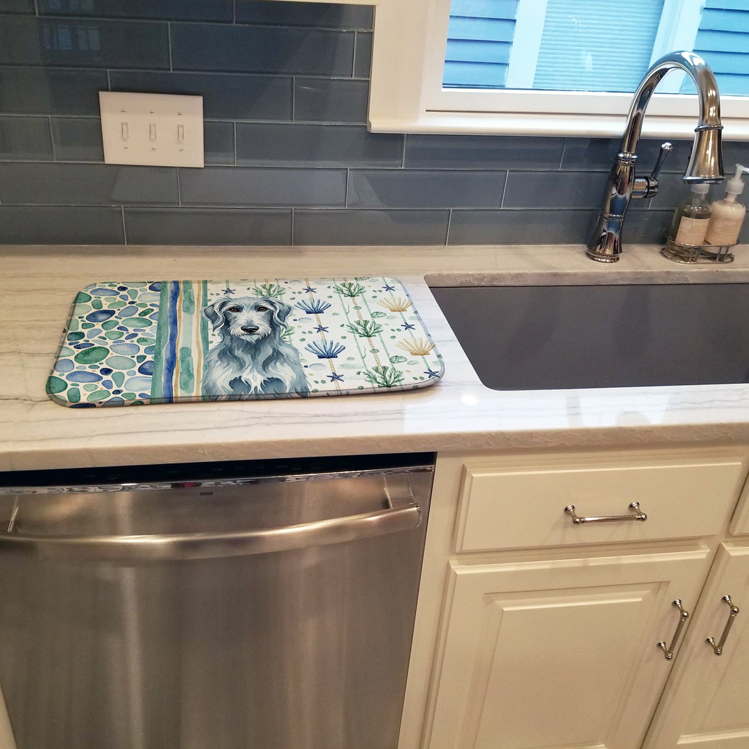 Blue-Gray Scottish Deerhound Coastal Sea Glass Dish Drying Mat Absorbent Dish Drying Mat Pad for Kitchen Counter Dish Drainer Mat for Countertop, 14 x 21", Multicolor