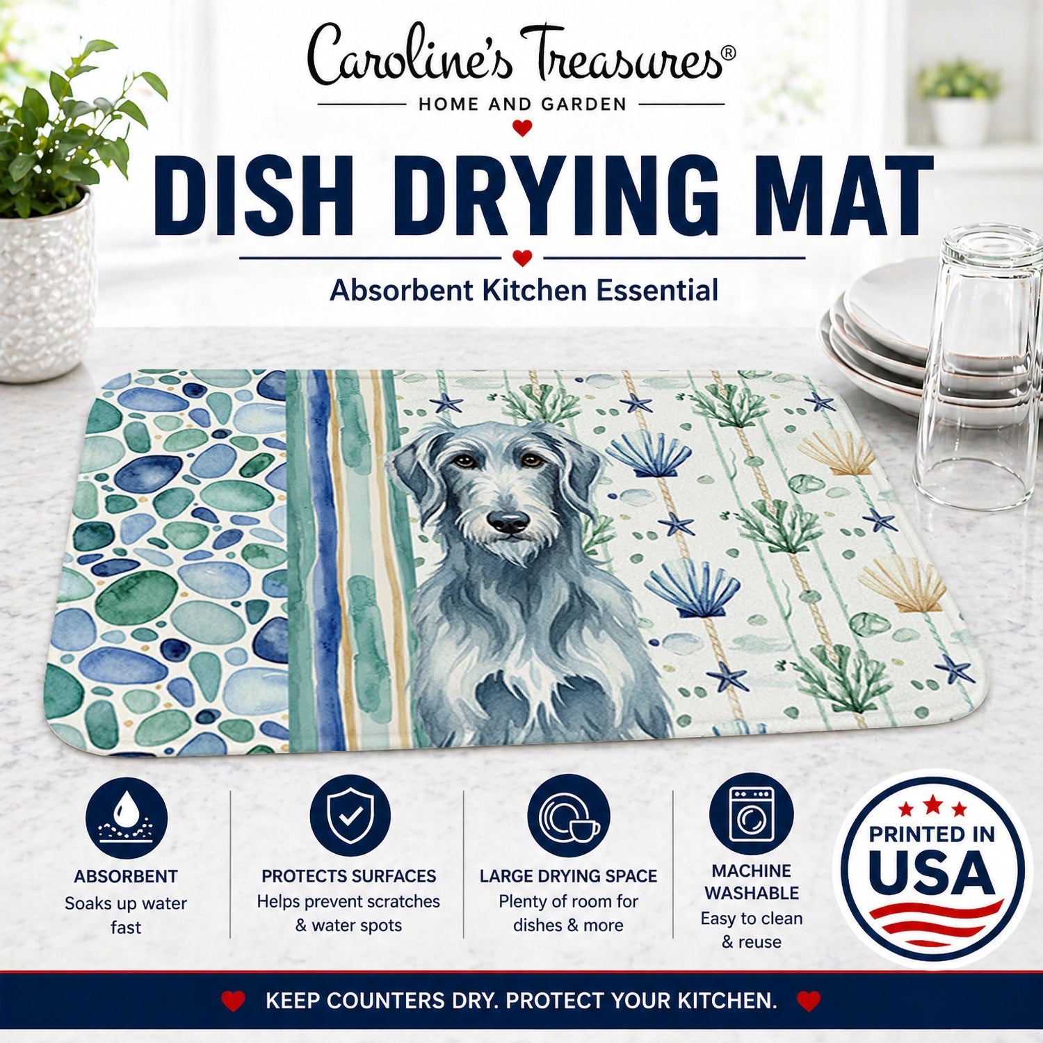 Blue-Gray Scottish Deerhound Coastal Sea Glass Dish Drying Mat Absorbent Dish Drying Mat Pad for Kitchen Counter Dish Drainer Mat for Countertop, 14 x 21", Multicolor