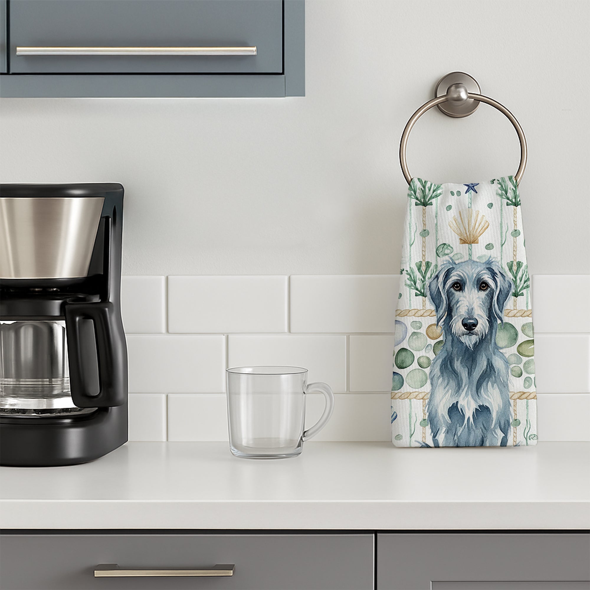 Blue-Gray Scottish Deerhound Coastal Sea Glass Kitchen Towel Velour Plush Front and Cotton Loop Back Machine Washable