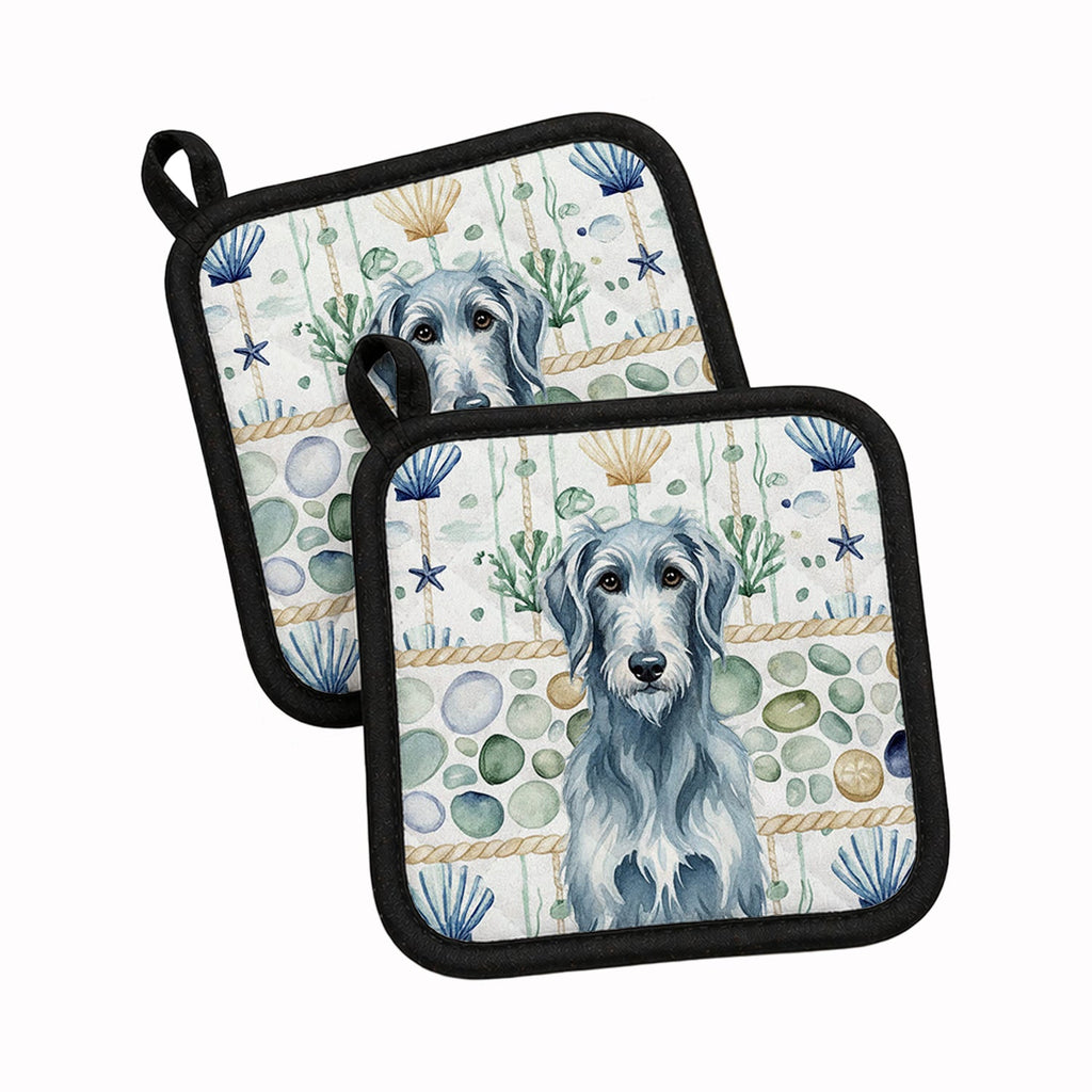 Blue-Gray Scottish Deerhound Coastal Sea Glass Pot Holder Set of 2 Heat Resistant Quilted Hot Pads 7.5 x 7.5 Inch, Insulated Kitchen Trivets for Cooking & Baking