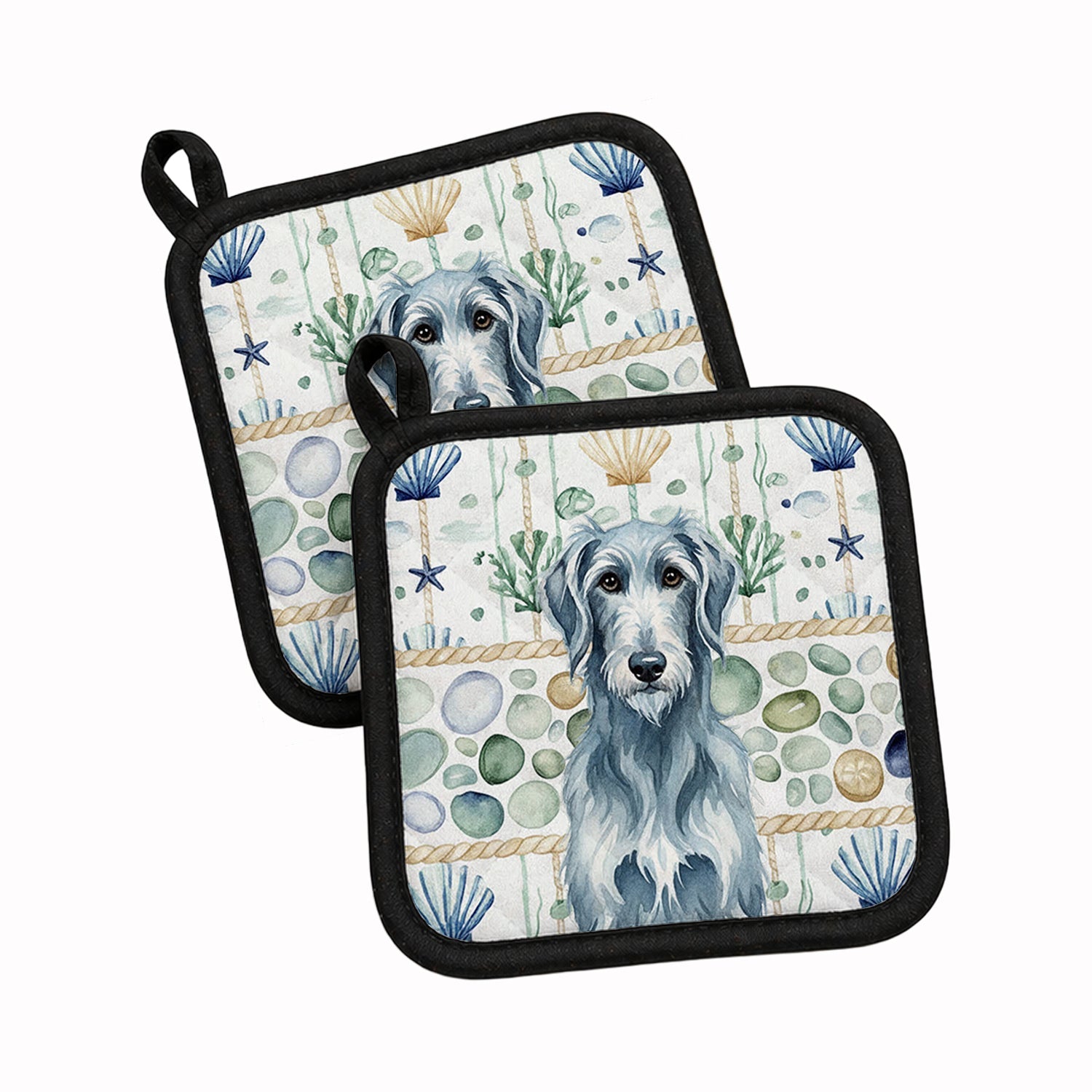 Blue-Gray Scottish Deerhound Coastal Sea Glass Pot Holder Set of 2 Heat Resistant Quilted Hot Pads 7.5 x 7.5 Inch, Insulated Kitchen Trivets for Cooking & Baking