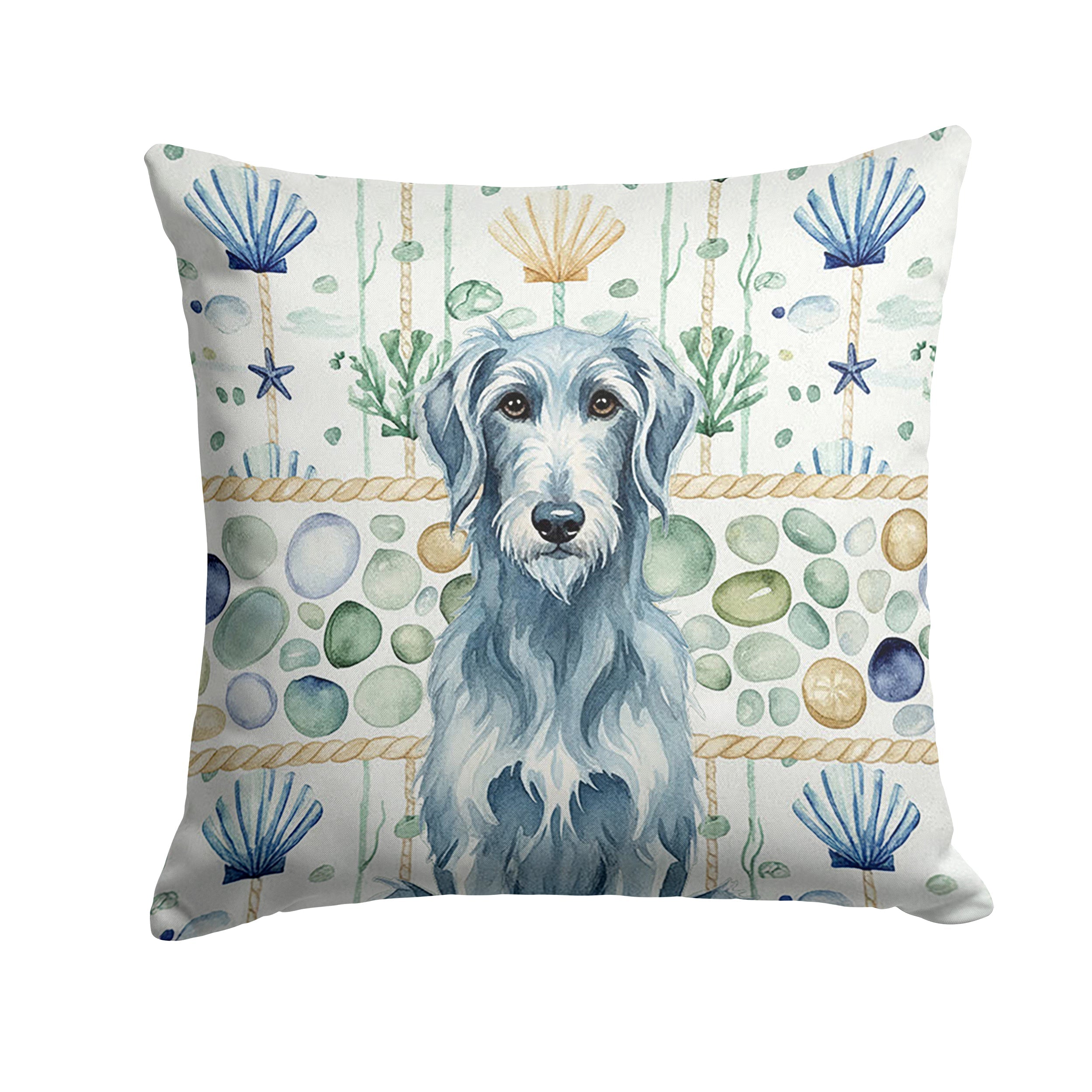 Blue-Gray Scottish Deerhound Coastal Sea Glass Decorative Throw Pillow 14x14 Indoor Outdoor Accent Cushion, Fabric Cover with Insert for Sofa, Bed, Porch & Living Room