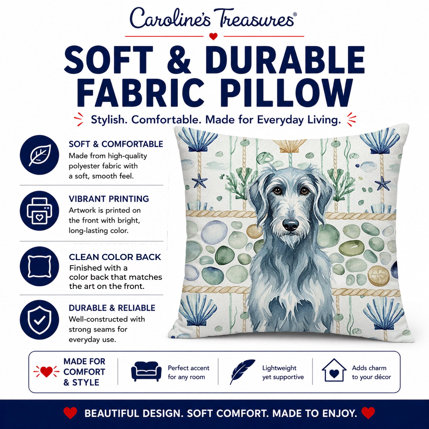 Blue-Gray Scottish Deerhound Coastal Sea Glass Decorative Throw Pillow 18x18 Indoor Outdoor Accent Cushion, Fabric Cover with Insert for Sofa, Bed, Porch & Living Room