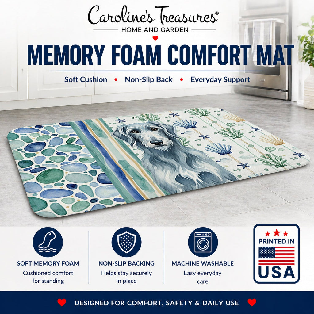 Blue-Gray Scottish Deerhound Coastal Sea Glass Memory Foam Kitchen Mat Machine Washable Anti-Fatigue Cushion Comfort Bath or Kitchen Rug