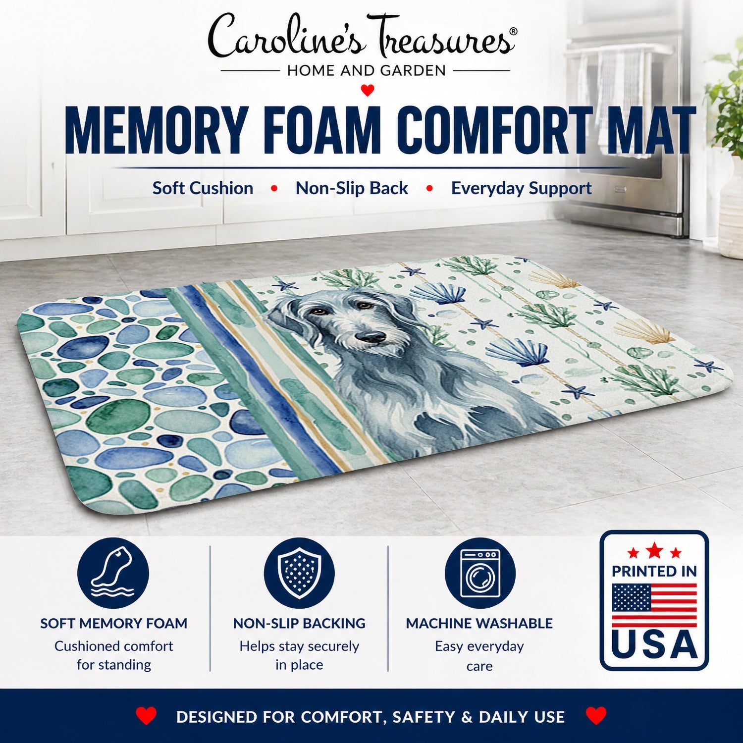 Blue-Gray Scottish Deerhound Coastal Sea Glass Memory Foam Kitchen Mat Machine Washable Anti-Fatigue Cushion Comfort Bath or Kitchen Rug