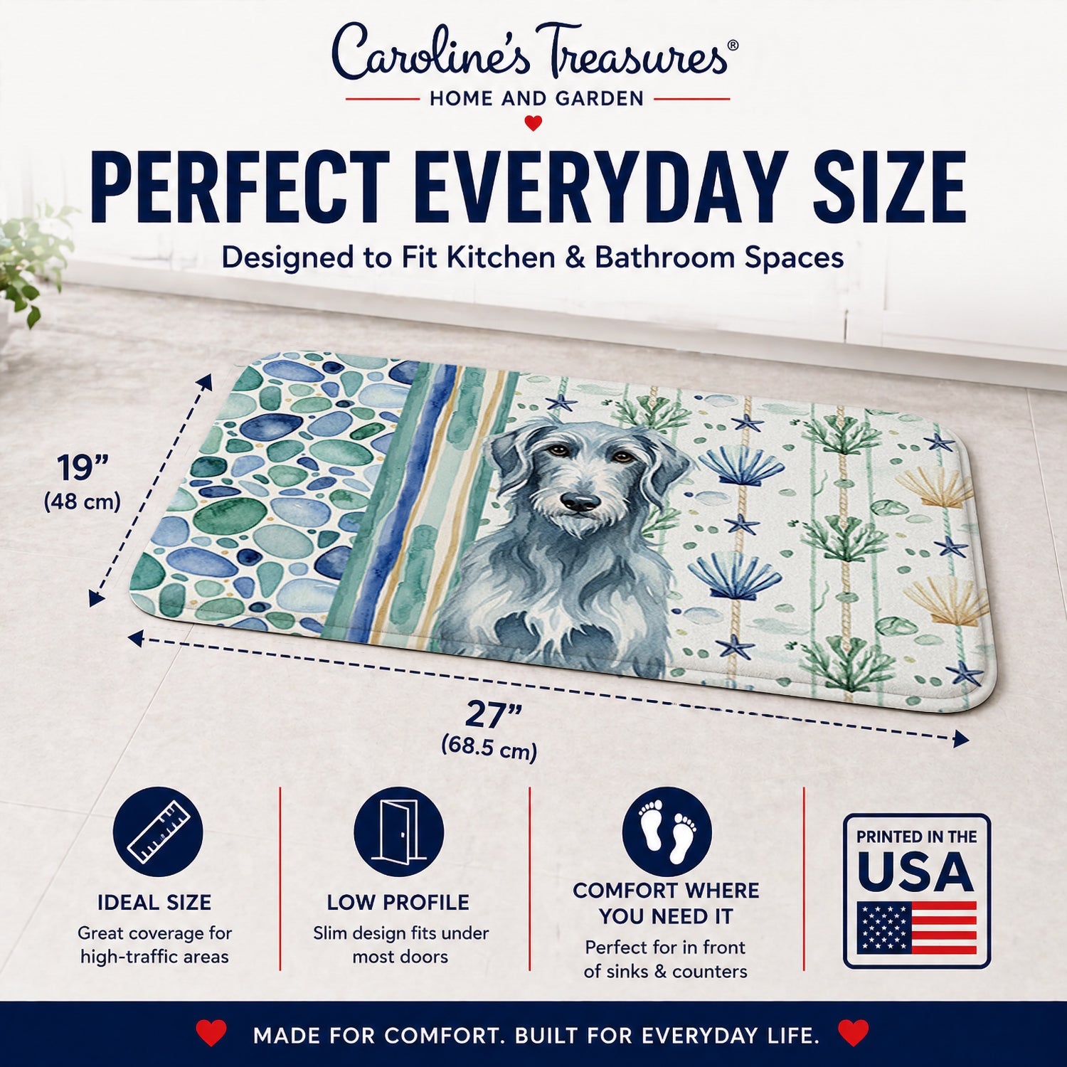 Blue-Gray Scottish Deerhound Coastal Sea Glass Memory Foam Kitchen Mat Machine Washable Anti-Fatigue Cushion Comfort Bath or Kitchen Rug