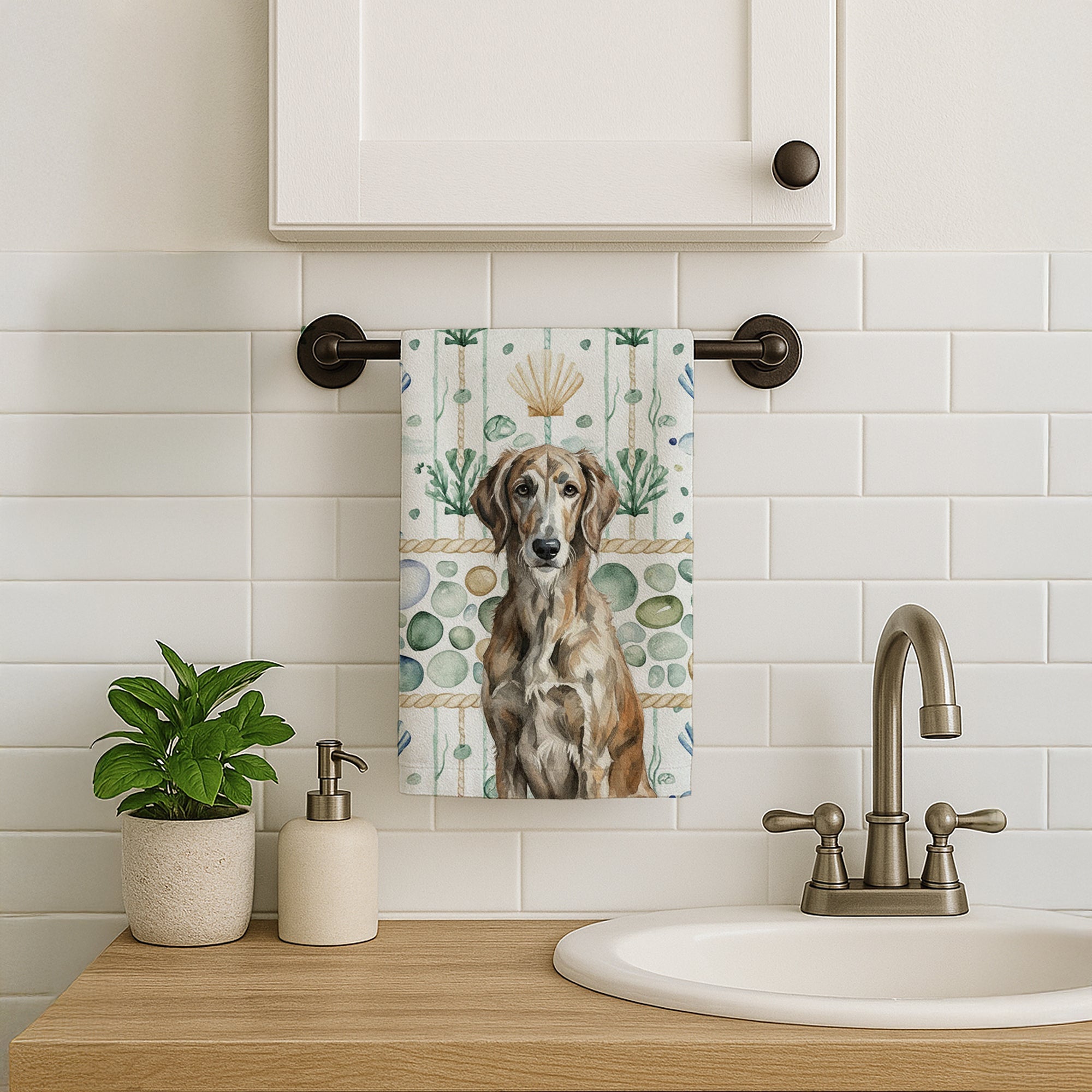 Brindle Scottish Deerhound Coastal Sea Glass Kitchen Towel Velour Plush Front and Cotton Loop Back Machine Washable